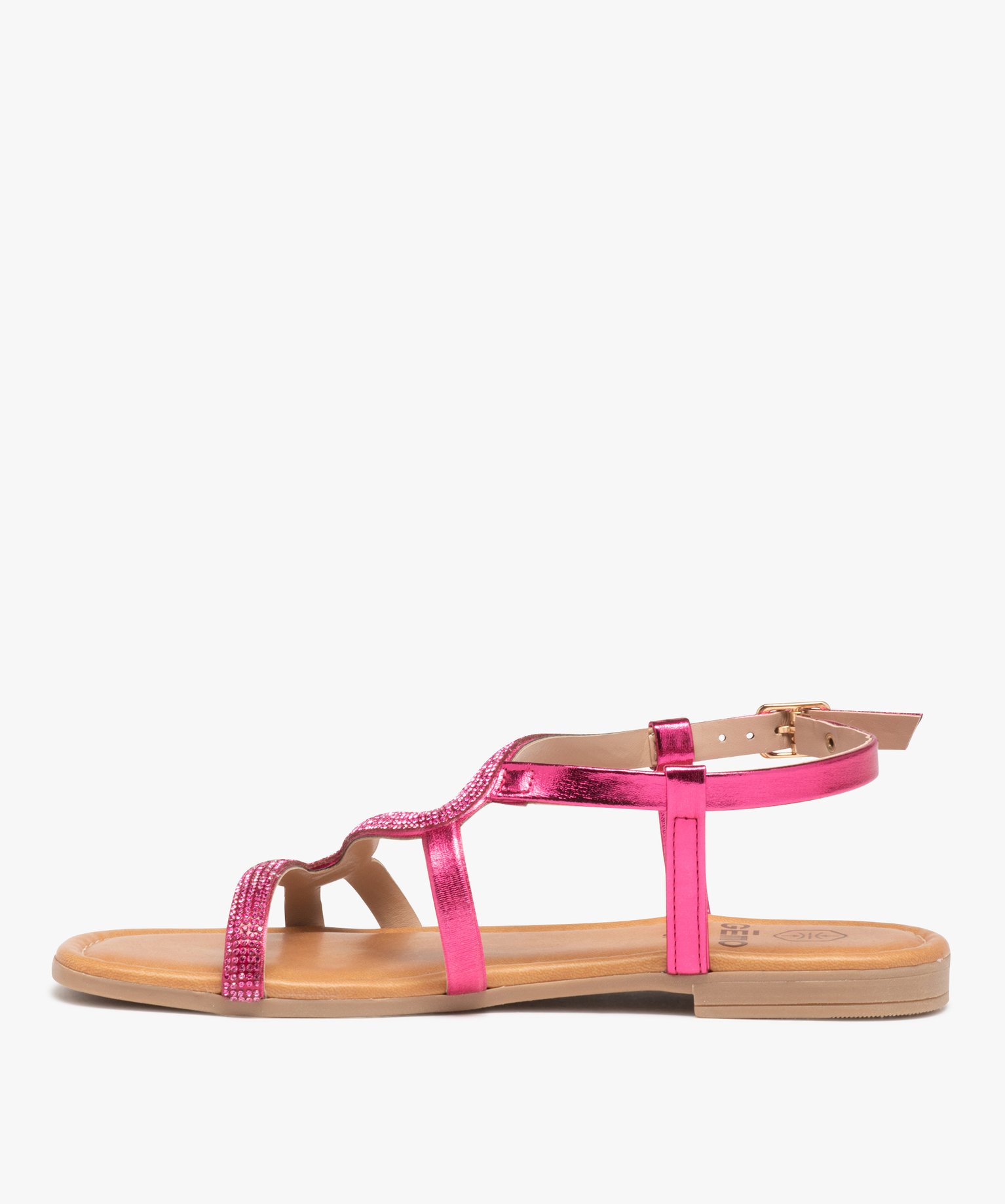 Sandales femme plates avec bride à strass métallisée rose | GEMO