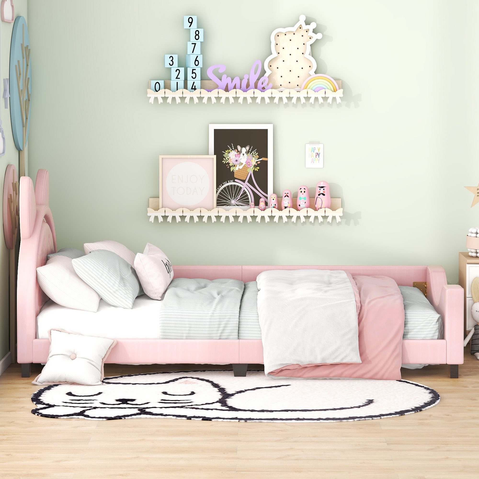 Flieks Polsterbett, Kinderbett Einzelbett mit Karton-Ohren Kunstleder 90x200cm