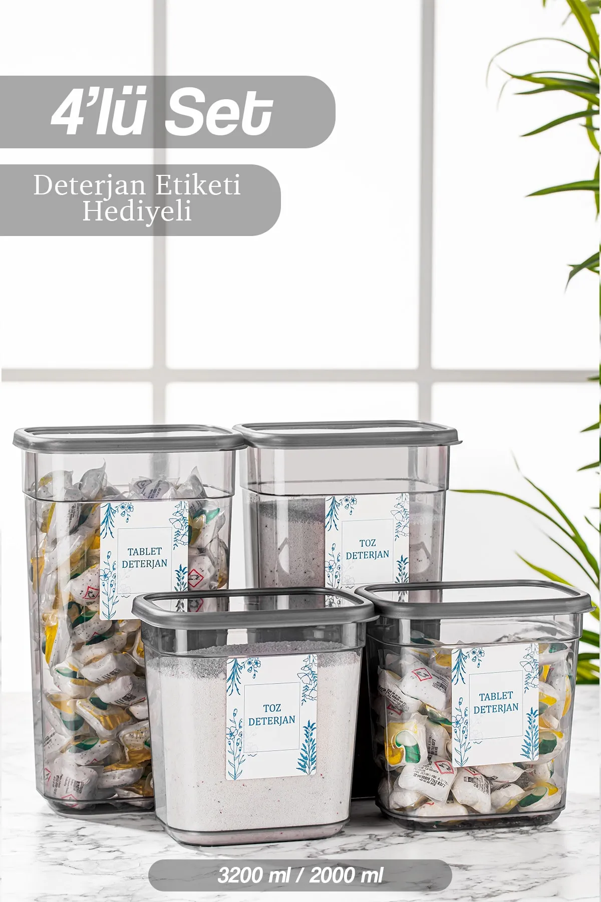 Meleni Home  4 beschriftete Elina Tablet-Reinigungsmittel-Aufbewahrungsbox – rechteckiger Aufbewahrungsbehälter 2 x (2 LT – 3,2 LT)