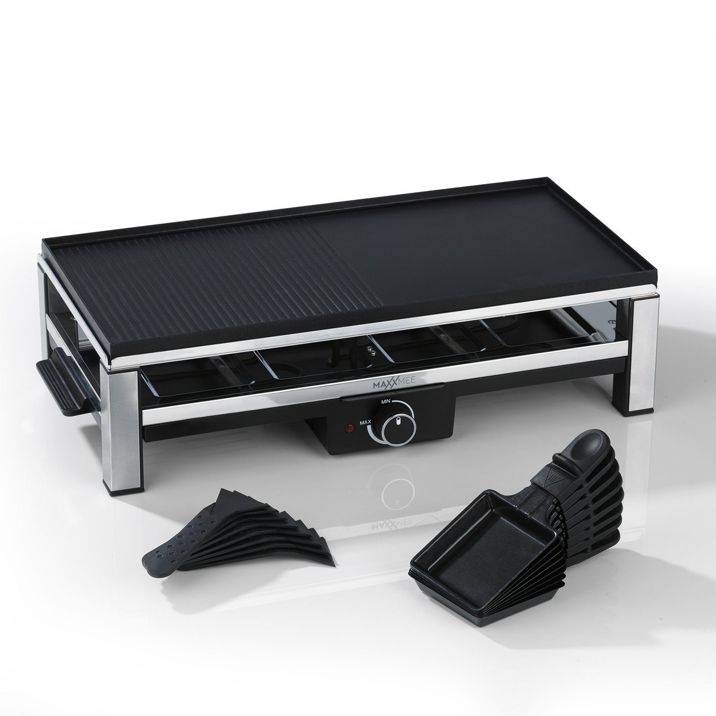MAXXMEE Raclette Antihaft Grillplatte spülmaschinengeeignet 26x56cm, Grill 8 Personen