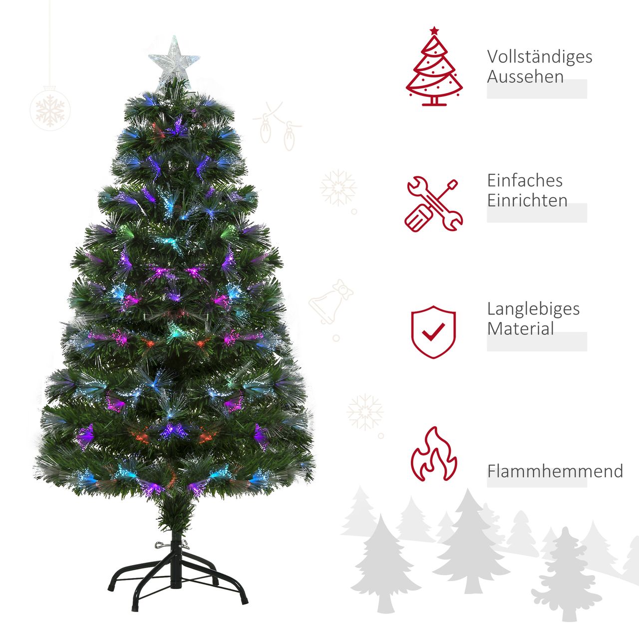 HOMCOM Weihnachtsbaum 1,2 m Christbaum Kunsttanne 130 Zweige Metallfuß PVC mehrfarbige Lichteffekte Ø66 x 120H cm