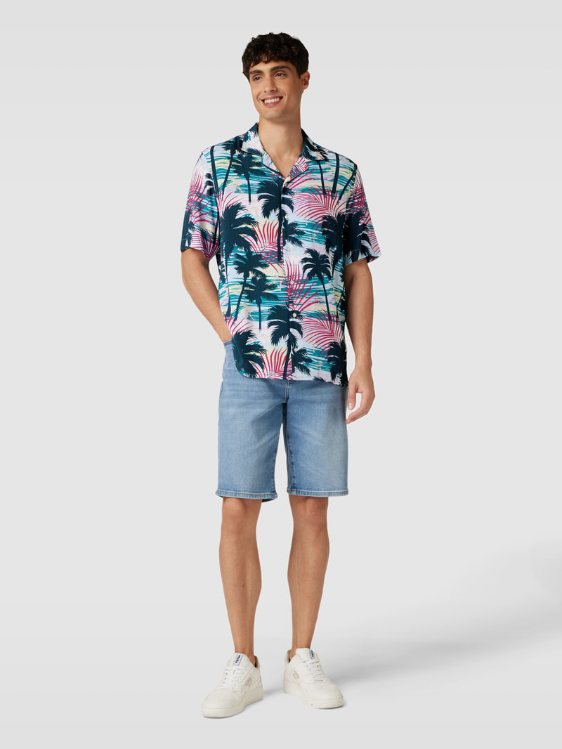 Tailored Fit Freizeithemd aus Viskose mit Allover-Muster in petrol