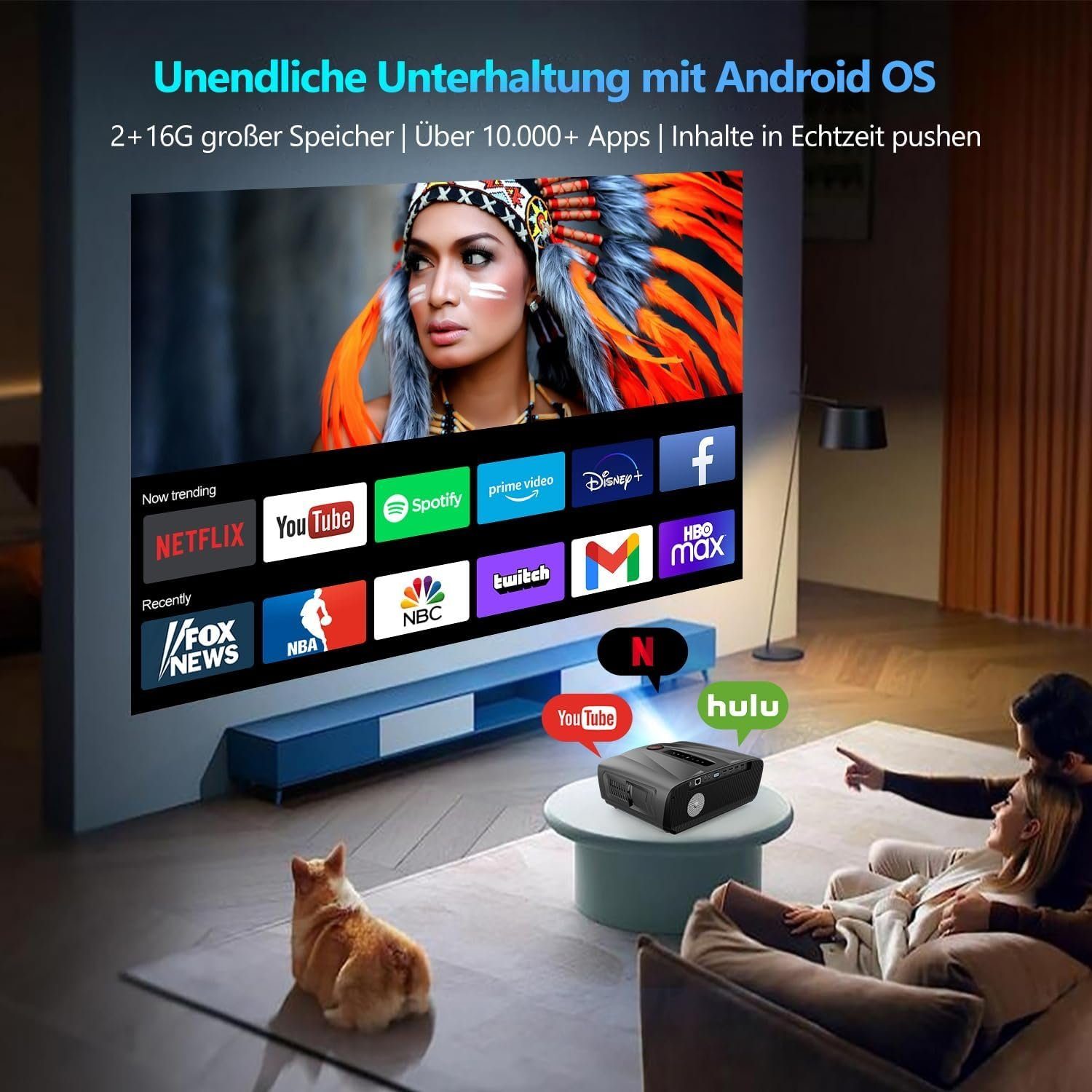 ZCGIOBN 4K Beamer Heimkino WiFi 6 mit AutoFokus/Trapezkorrektur Portabler Projektor (1200 lm, 1920 x 1080 px, Bluetooth Android HDMI USB für TV Stick/iPhone/iPad/Laptop/PS5/DVD/PC)
