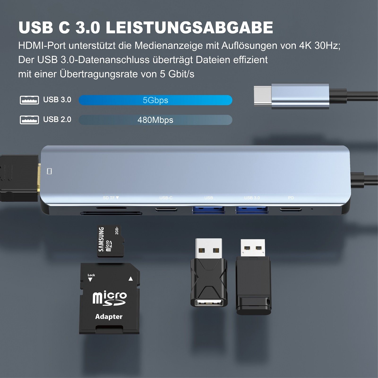 neue dawn Laptop-Dockingstation 7 Port USB C Hub mit 4K HDMI 85W PD USB 3.0 Docking Station Adapter, (85W Schnellaufladung)