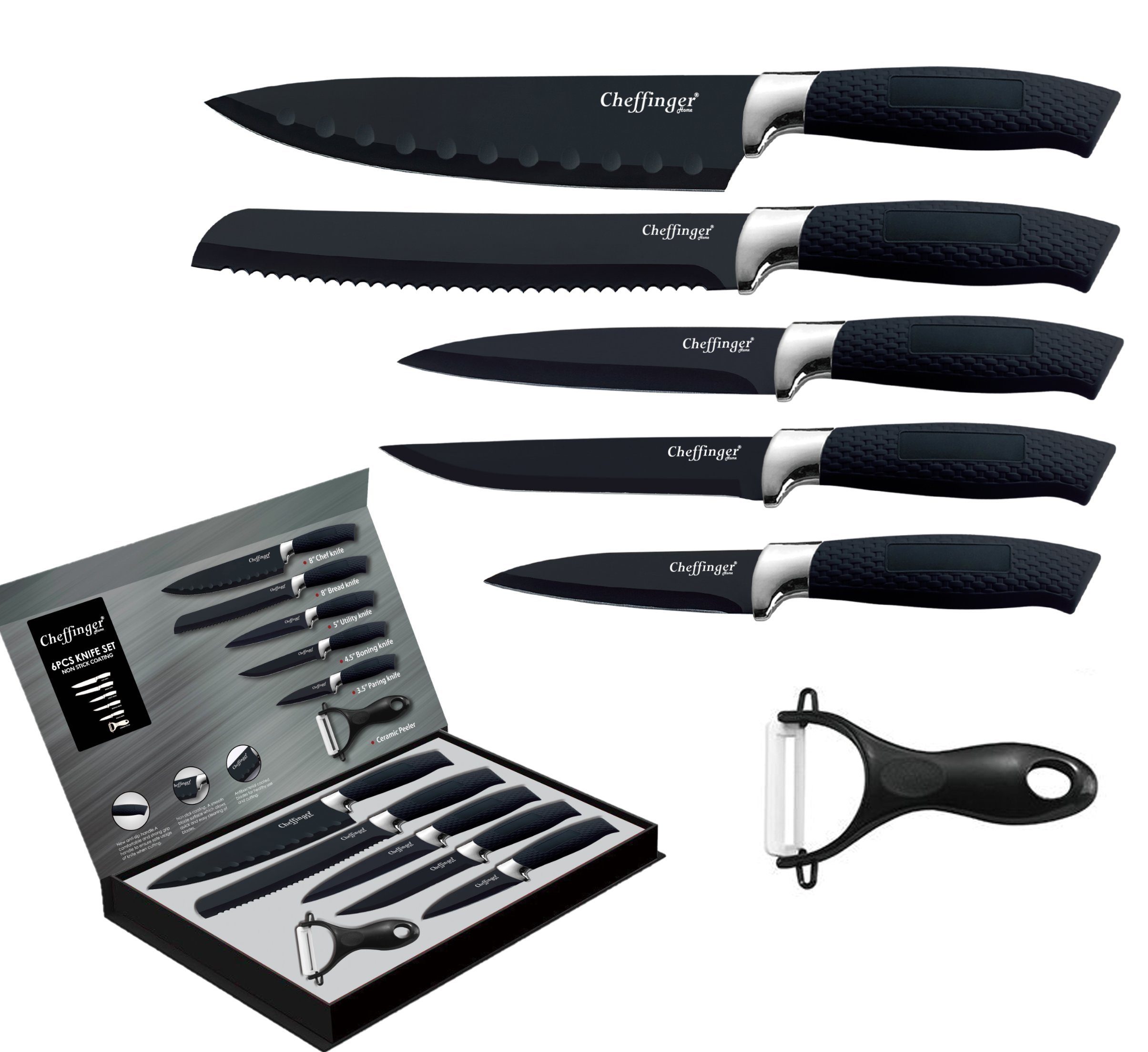 KESSMANN Messer-Set Profi Küchenmesser Set 6 teilig scharf Messerset + Messerbox Knife (Set, 7-tlg., Messerblock Organizer Kochbesteck Küchen Utensilien Messer Set), Kochmesser Fleischmesser Santokumesser Schälmesser Allzweckmesser