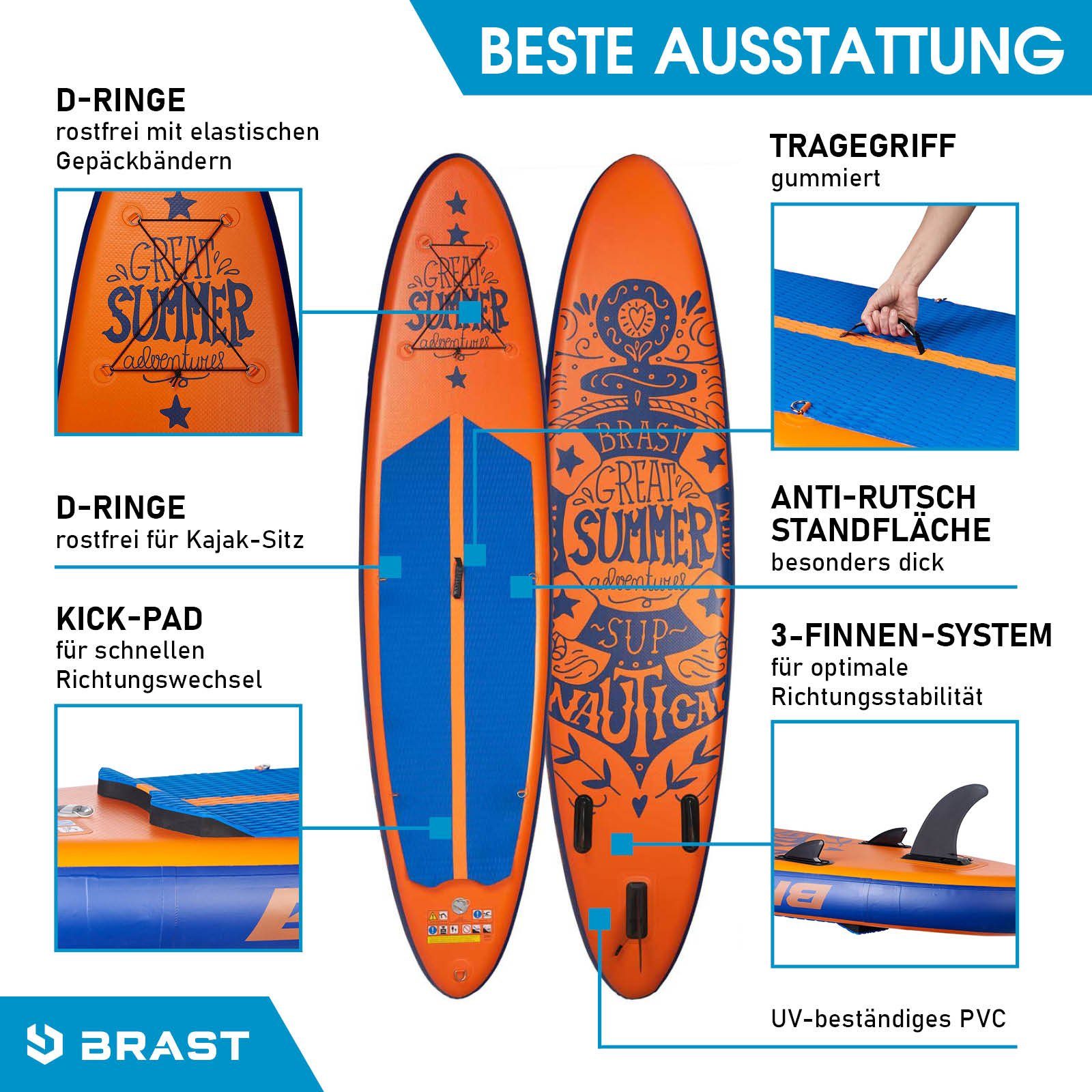 BRAST SUP-Board Summer Aufblasbares Stand up Paddle Set - 320x81x15cm, 5 Jahre Garantie inkl. Sonderzubehör, (2in1 Paddel Kajak-Sitz Action-Cam-Halterung), Fußschlaufe Paddel Pumpe Rucksack