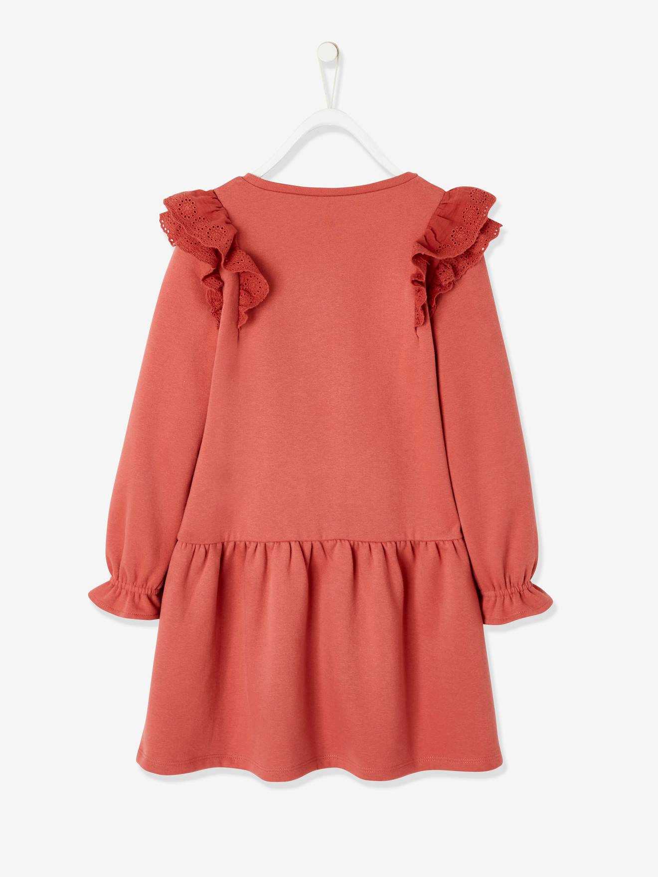Robe molleton à volants en broderie anglaise fille rose hâlé