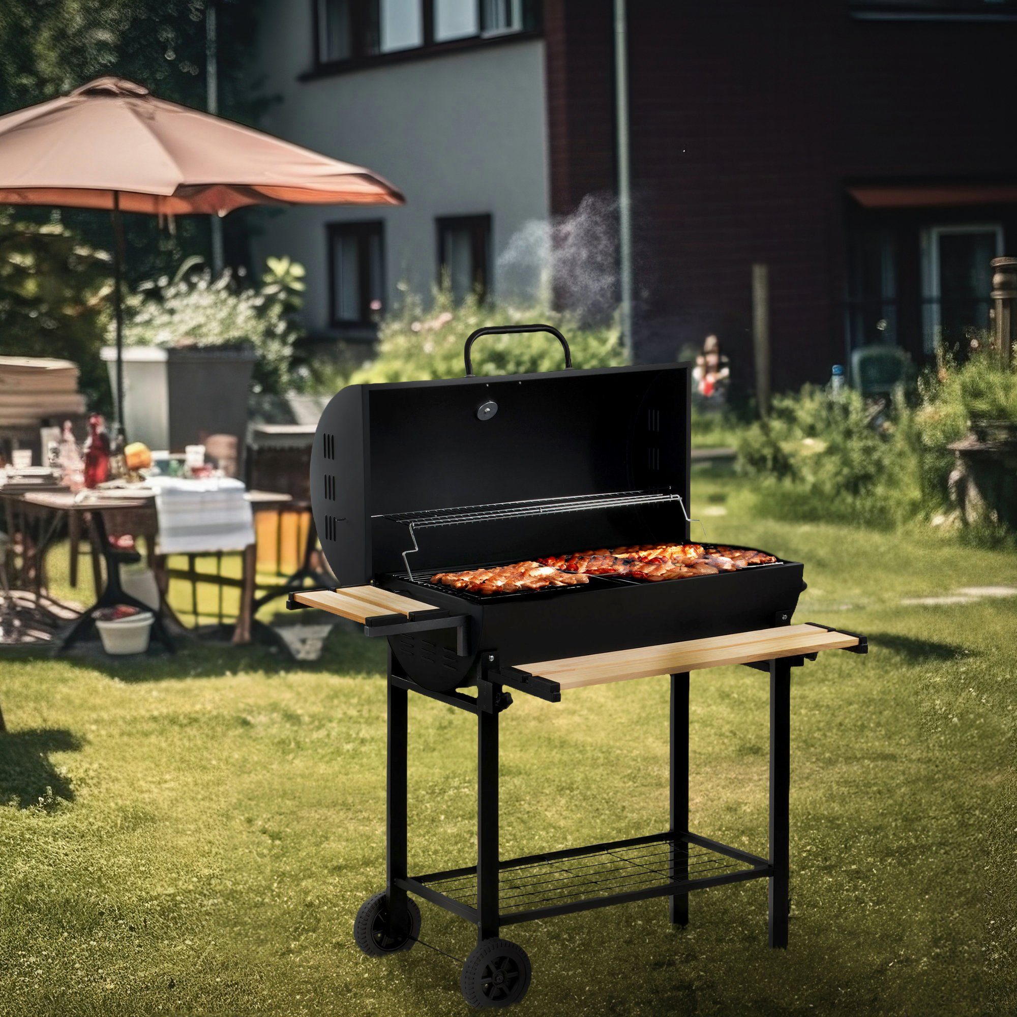 BBQ-Toro Holzkohlegrill Grillwagen, fahrbar, inkl. Thermometer, Smoker Grill