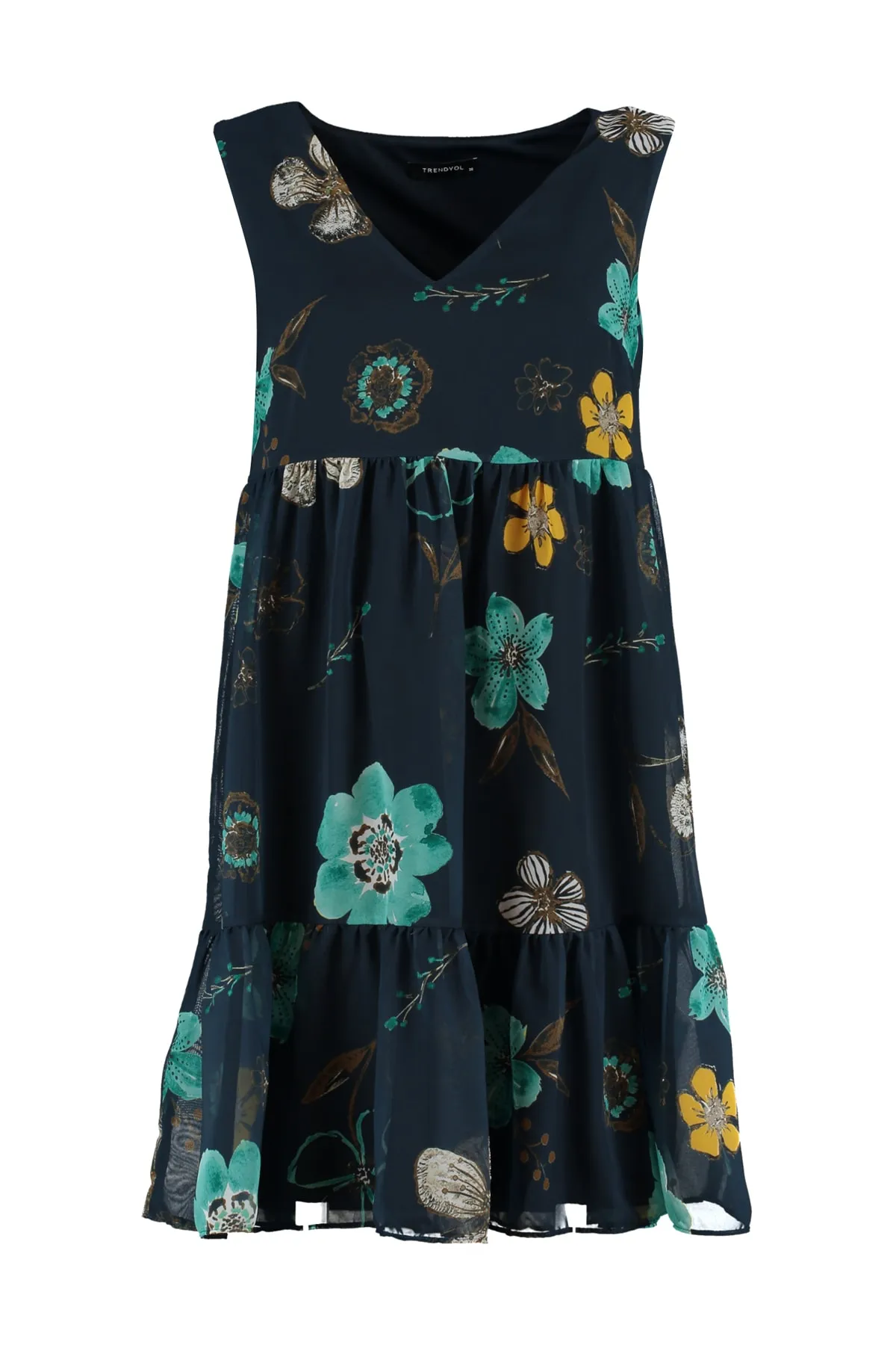 Trendyol Collection  Marineblaues, gerade geschnittenes, gefüttertes Mini-Webkleid mit Blumendruck TWOSS20EL2329