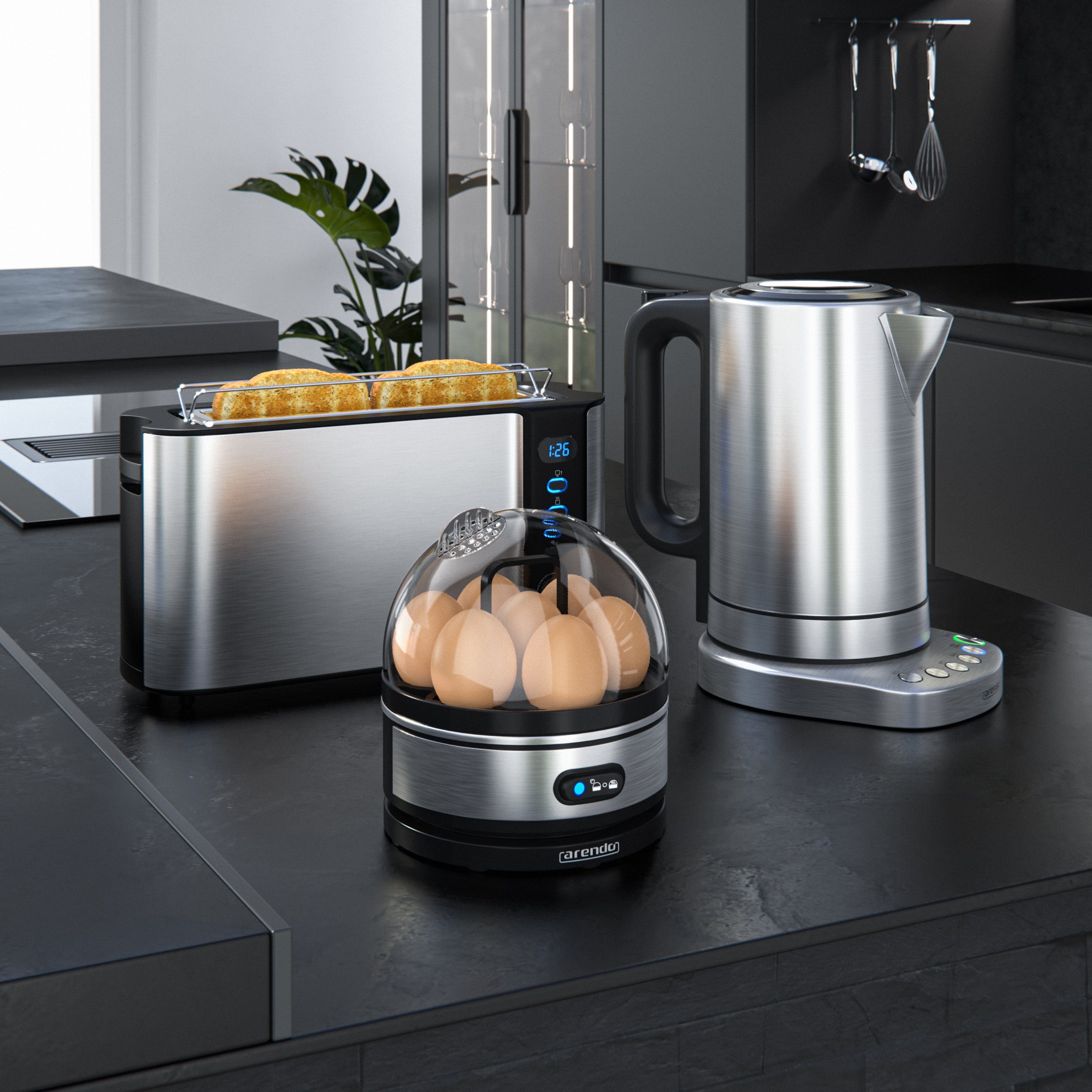 Arendo Frühstücks-Set (3-tlg), Wasserkocher 1,7l, 2-Scheiben Toaster, Eierkocher 7-fach, Edelstahl