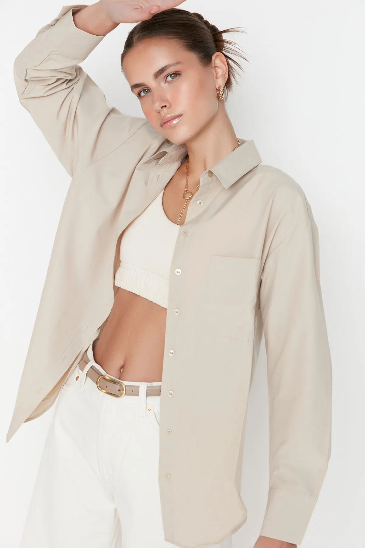 Trendyol Collection  Graues Boyfriend-Webhemd TWOAW20GO0115