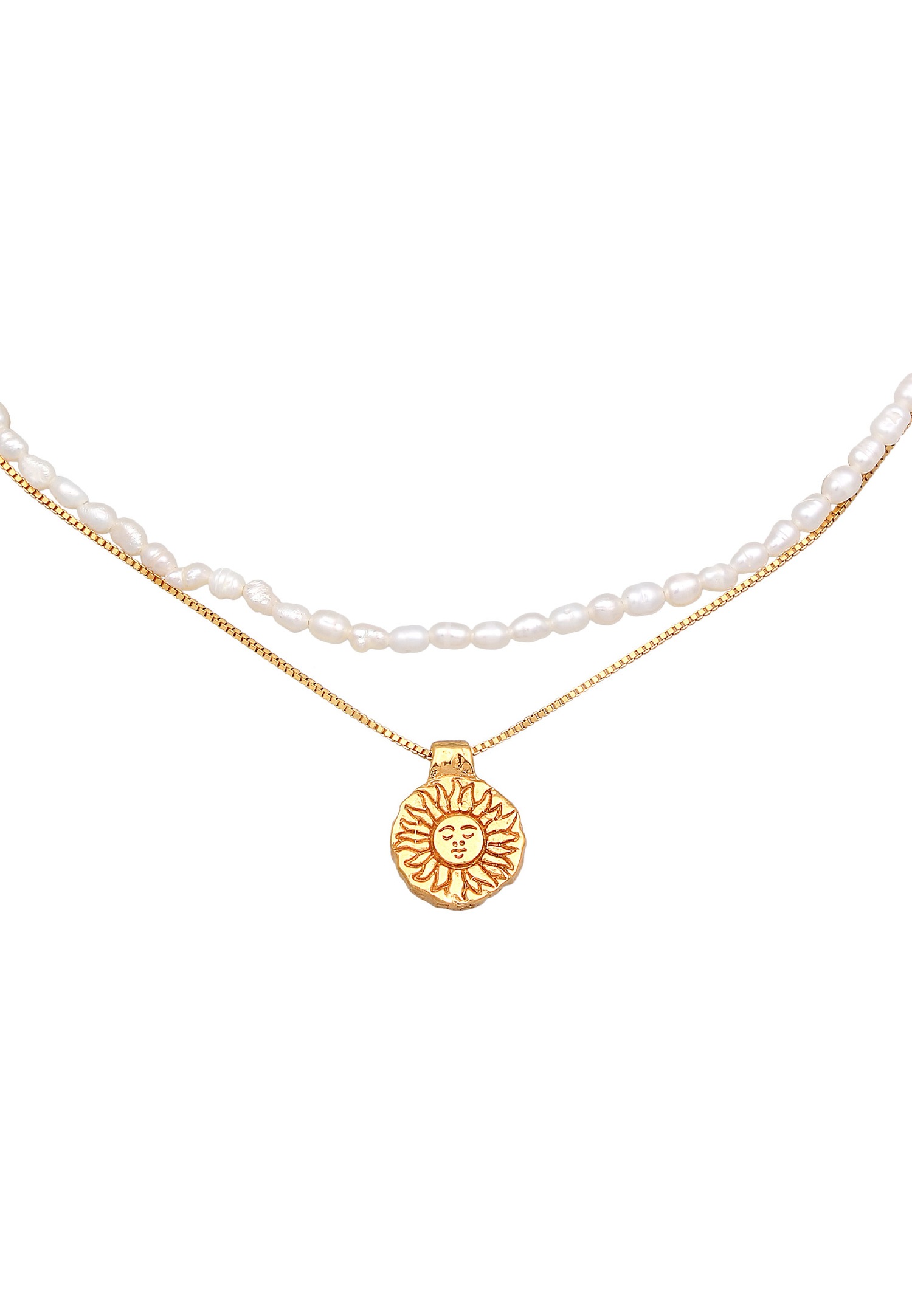Gargantilla colgante Elli PREMIUM para mujer con diseño de capas de sol y perlas cultivadas de agua dulce en plata de ley 925.