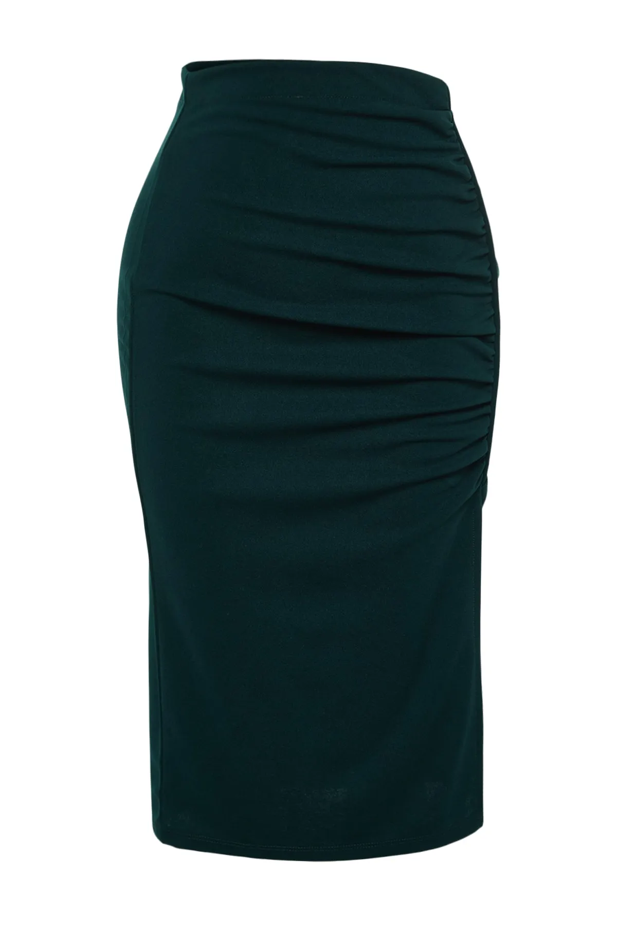 Trendyol Collection  Smaragdgrüner, figurbetonter, eleganter Midi-Strickrock aus Crêpe mit Drapierung und Schlitz TWOSS23ET00316