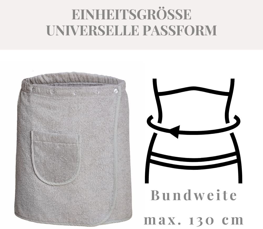 Carenesse Saunatuch Saunakilt Herren 50 x 140 cm grau, weicher OneSize Sauna-Sarong, Baumwolle, mit flexiblem Gummibund & 5-fach Knopfleiste + Tasche aus Baumwolle