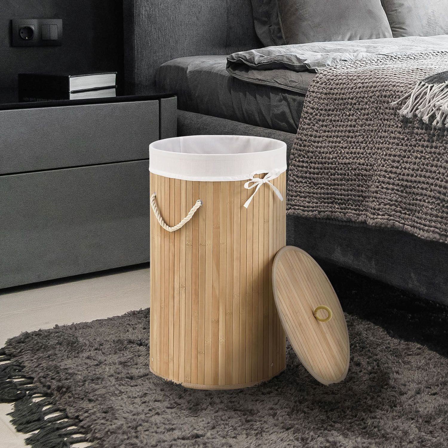 Juskys Wäschekorb Curly-Round, 55 l, mit Tragegriffe, Deckel, Wäschesack waschbar, platzsparend
