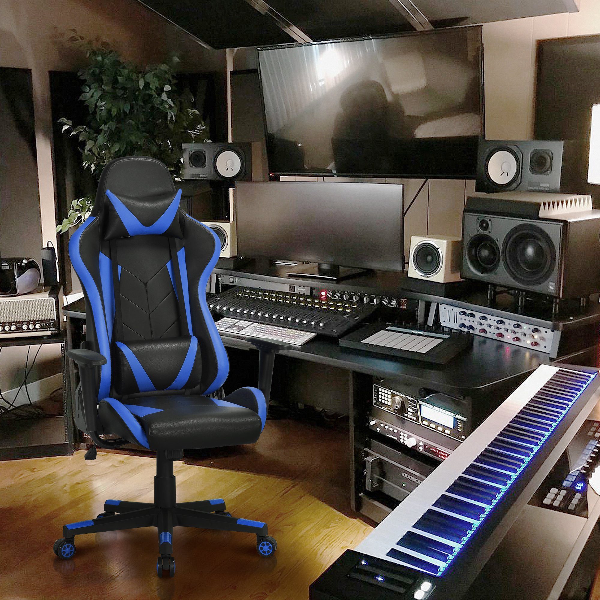 Yaheetech Gaming-Stuhl, Ergonomisches Design mit Kopfstütze und Lendenkissen
