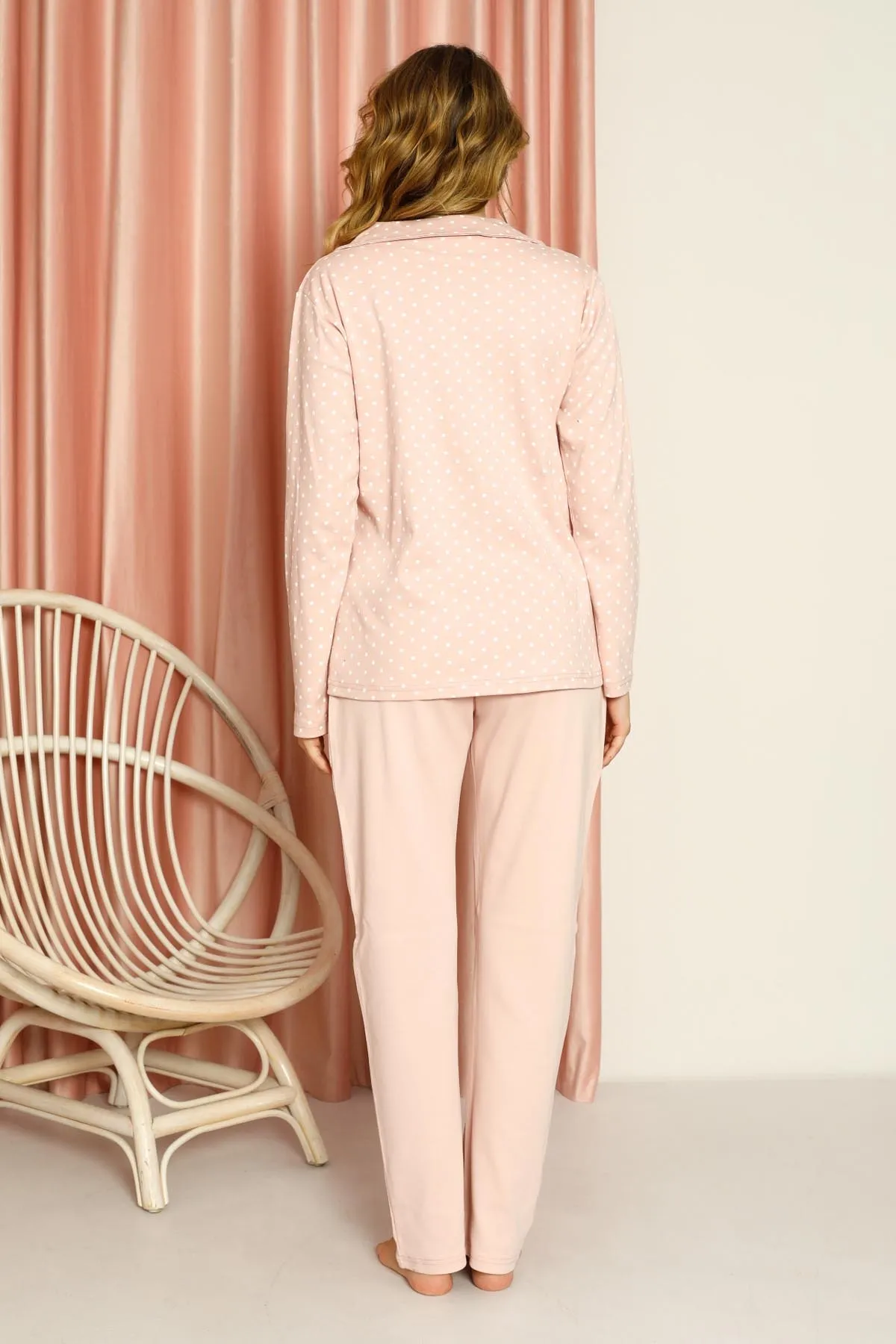 AHENGİM  Pyjama-Set für Damen, Interlock, gepunktet, durchgehend geknöpft, Baumwolle, saisonal, W20512278