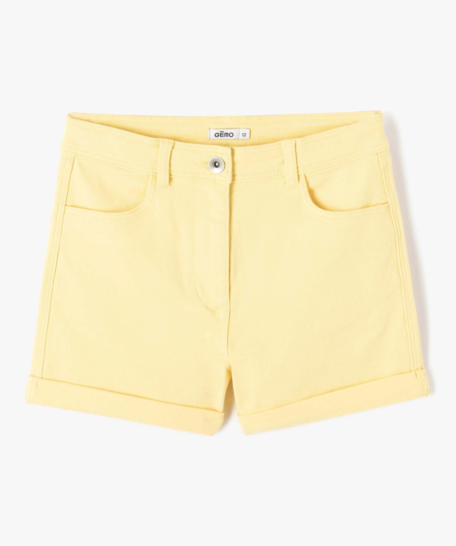 Short fille en toile denim avec revers jaune | GEMO