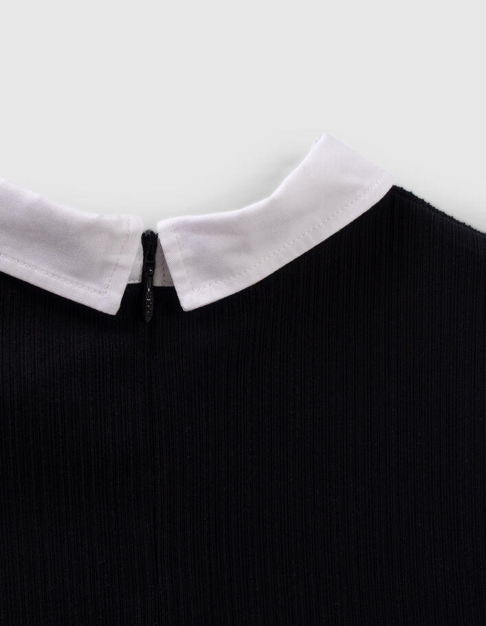 T-shirt noir côtelé à col chemise fille