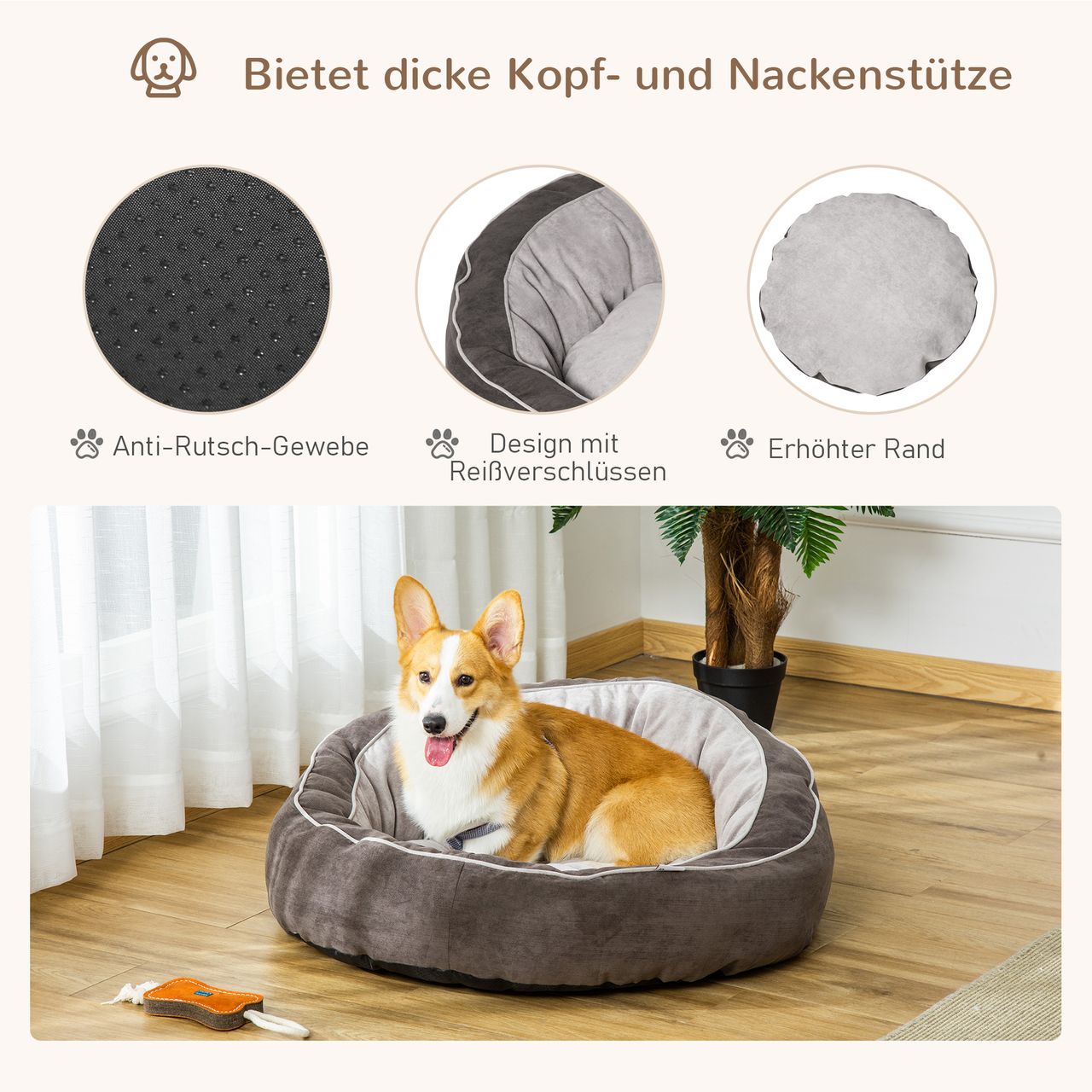 PawHut Hundebett Hundematte Hundekissen Hundematratze rundes Tierbett Hundesofa Haustierbett für Hunde Katzen Leinenartiges Polyester Dunkelgrau Creamweiß 85 x 85 x 35 cm