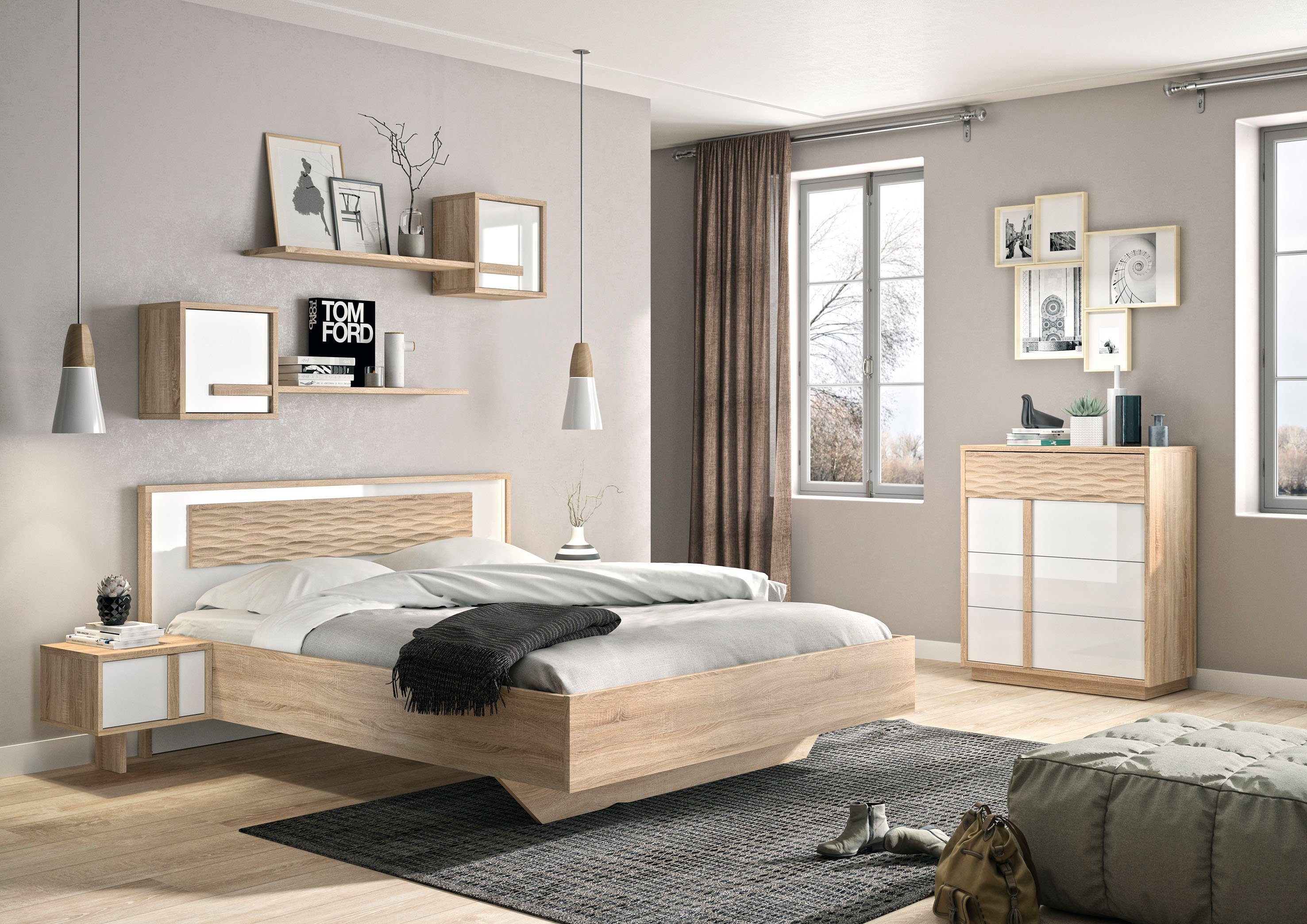 Gami Schlafzimmer-Set Curtys, (6-St., 1x Bett, 2x hängende Nachttische, 1x Kommode und 2x Wandregal)