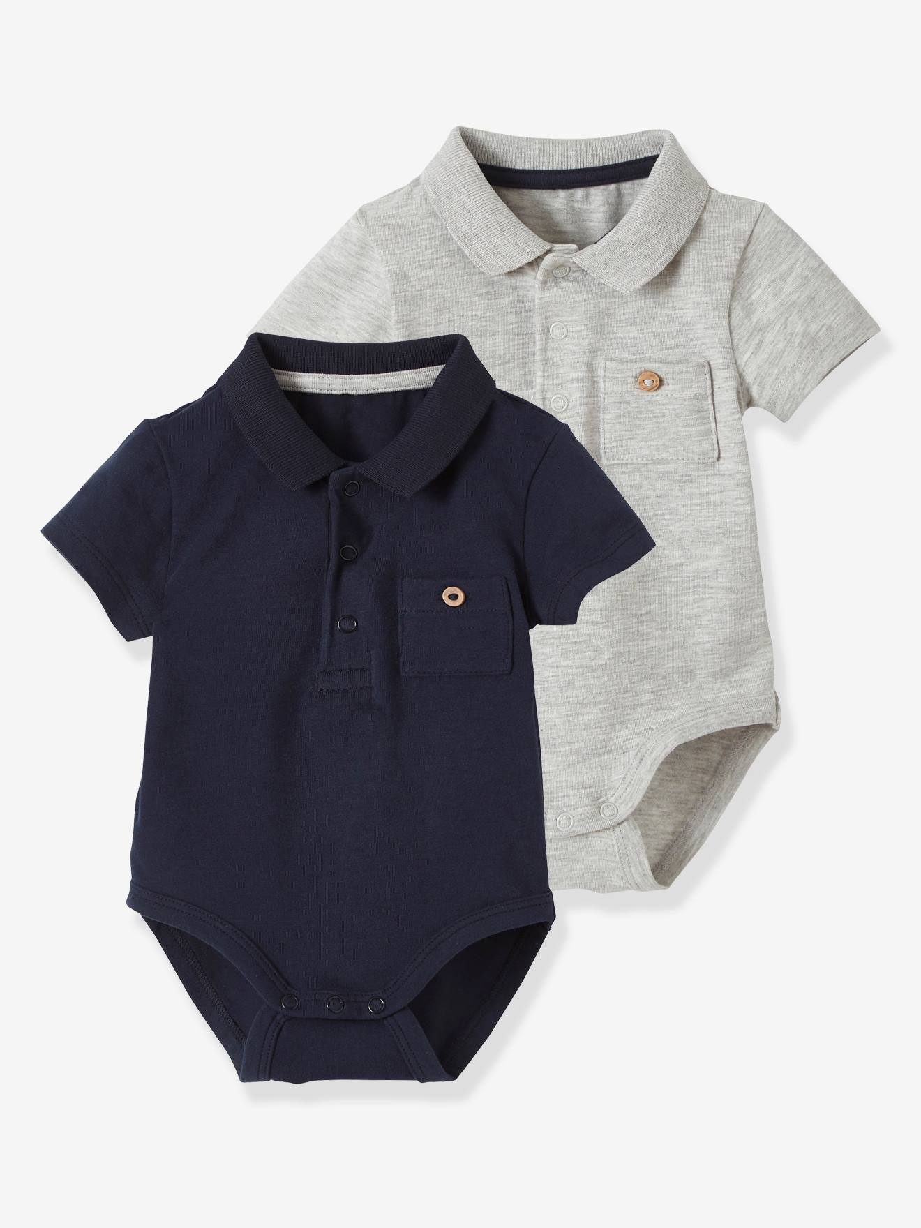 Lot de 2 bodies bébé naissance ouverture polo avec poche bleu ciel