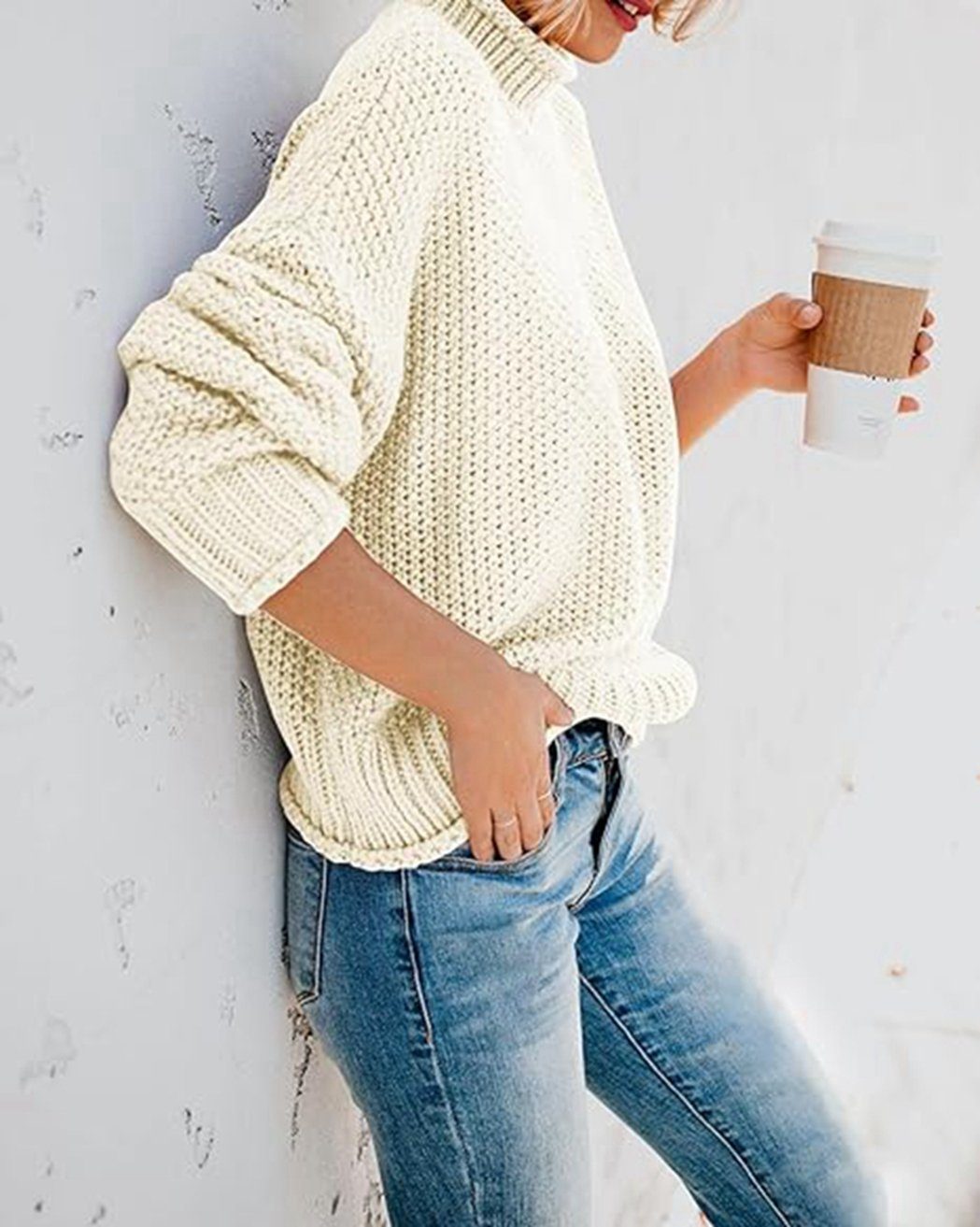 B.X Rollkragenpullover Damen Strickpullover Oversize Lang Warm Rundhals