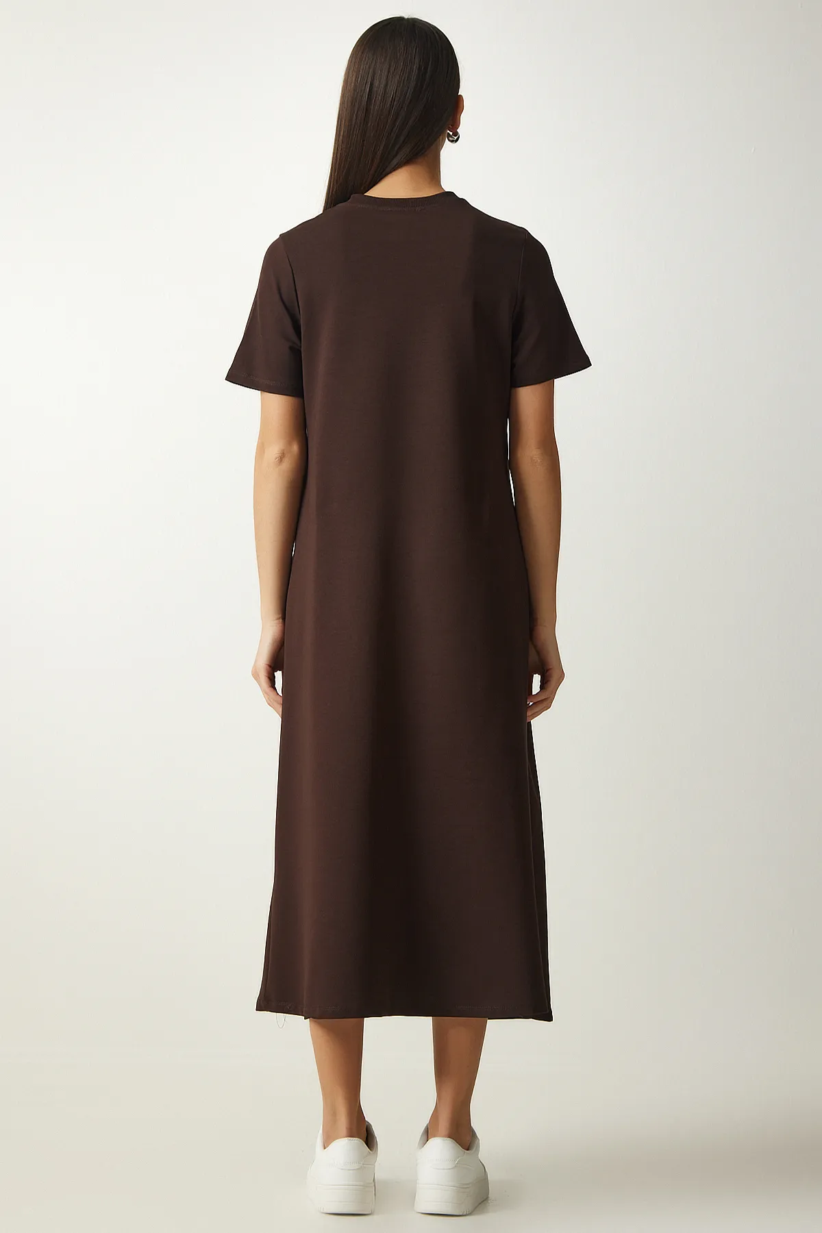 Happiness İstanbul  Braunes A-Linien-Sommerkleid für Damen aus gekämmter Baumwolle UB00060