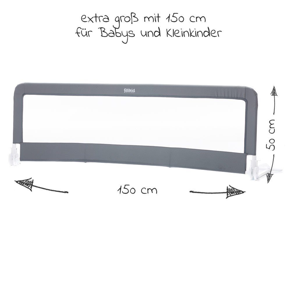 Fillikid Bettschutzgitter Bettgitter - Grau (1 St), Rausfallschutz für Baby & Kinder 150 x 50 cm - hohes, klappbares Bettgitter für Standard Betten & Boxspringbett