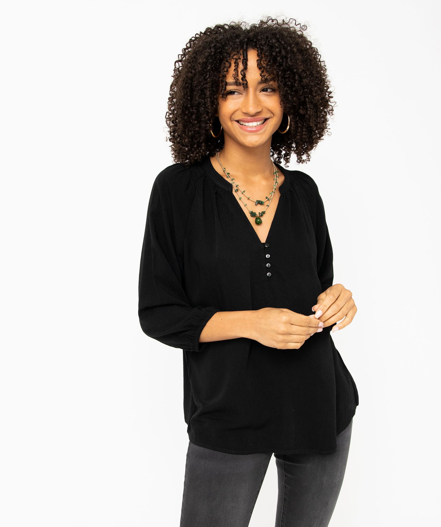 Blouse en viscose fluide unie à manches 3/4 femme noir | GEMO