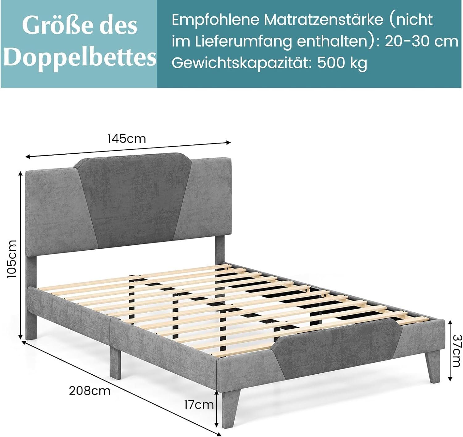 KOMFOTTEU Holzbett Doppelbett, mit Lattenrost, Kopfteil & Stauraum, 140x200 cm