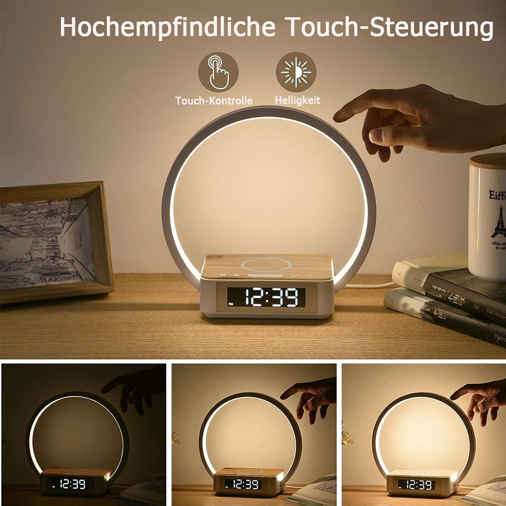 Sarfly Glockenwecker Tischlampe Wake Up Licht Wecker LED Nachttischlampe Touch Control Dimmbar,5W Wireless Charger Tischleuchte