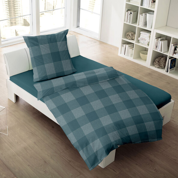 Bettwäsche Jacquard-Feinbiber, 155/220 + 80/80 cm, Karo petrol