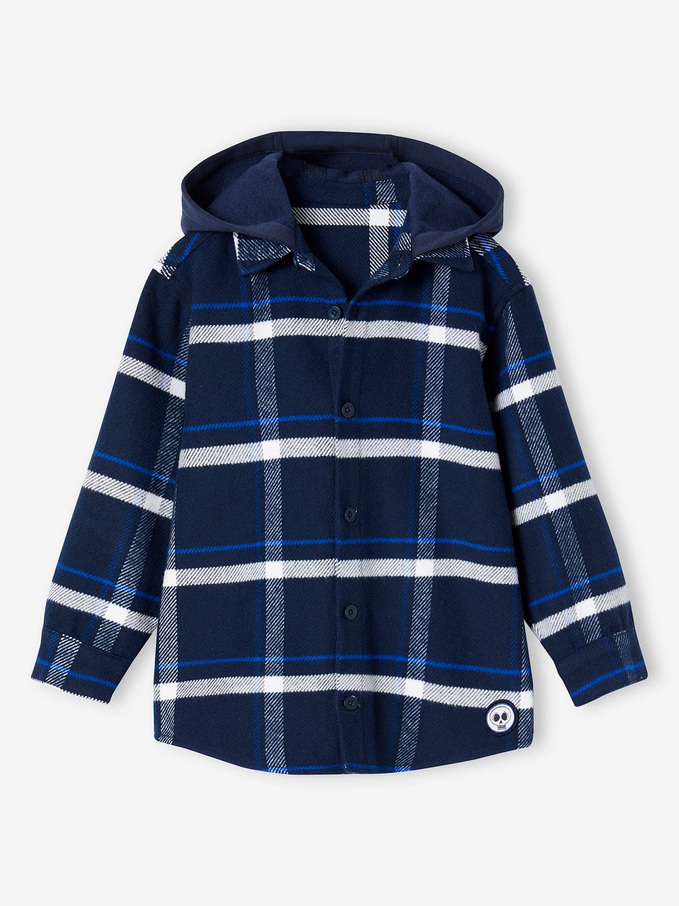 Chemise à capuche à grands carreaux garçon en flanelle marine