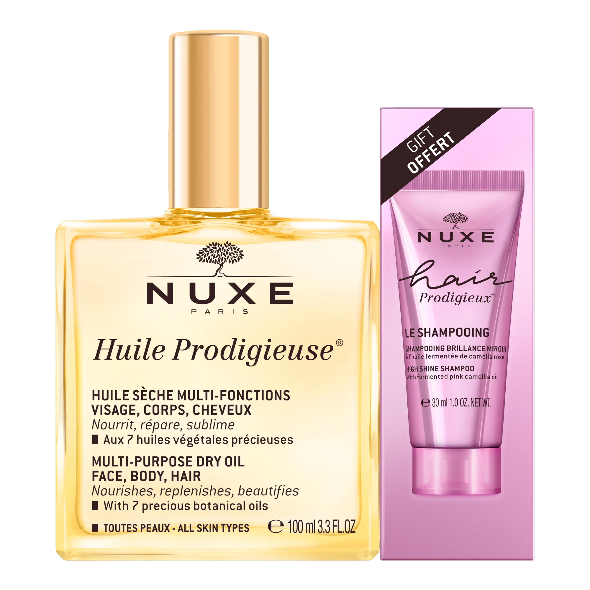 Huile Prodigieuse Huile Prodigieuse With Free Hair Prodigieux Shampoo - Óleo nutritivo para rosto, óleo corporal, óleo para cabelo, óleo elástico anti-estrias