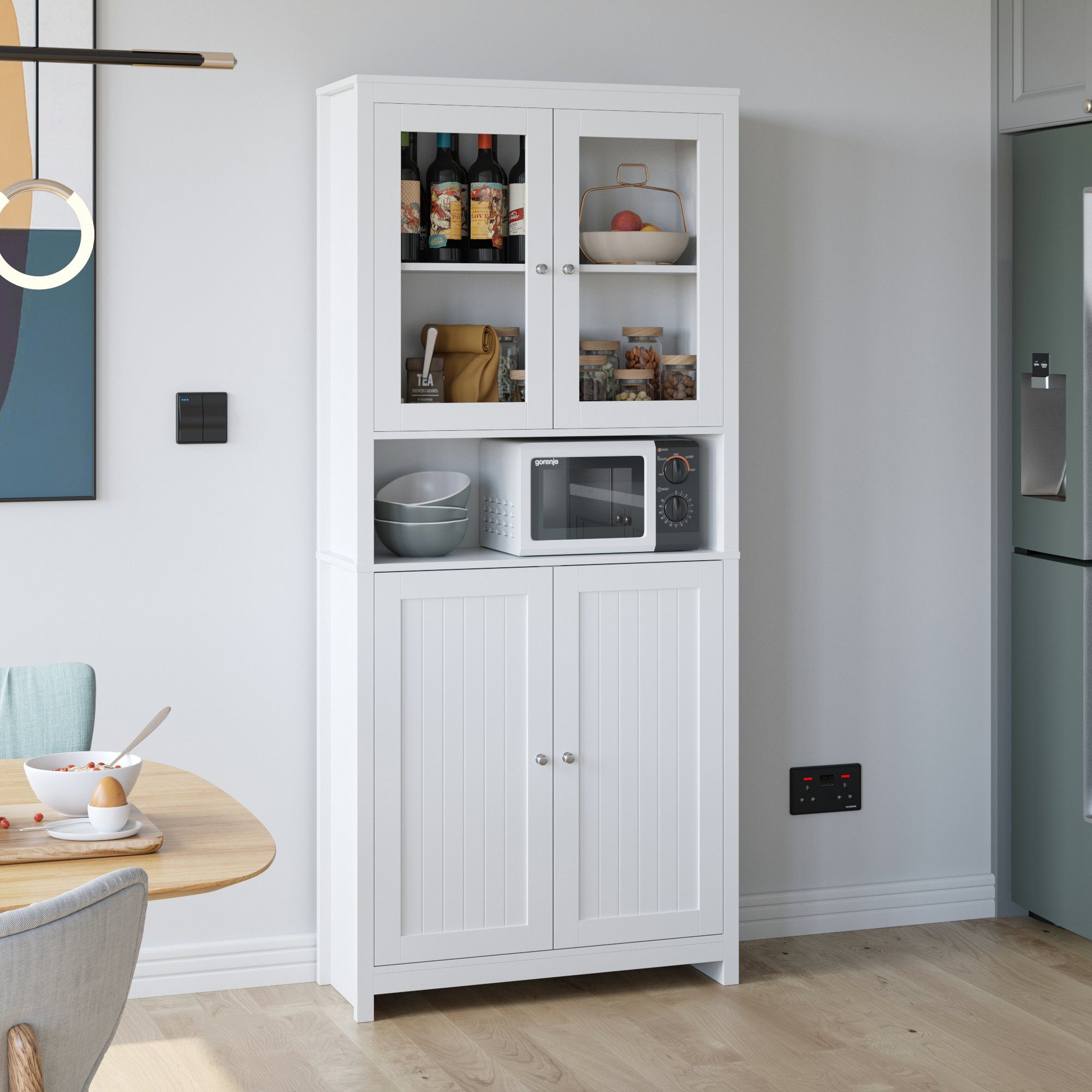 Homfa Hochschrank 190cm Vitrinenschrank, Bücherschrank mit 4 Türen, Buffet, Weiß