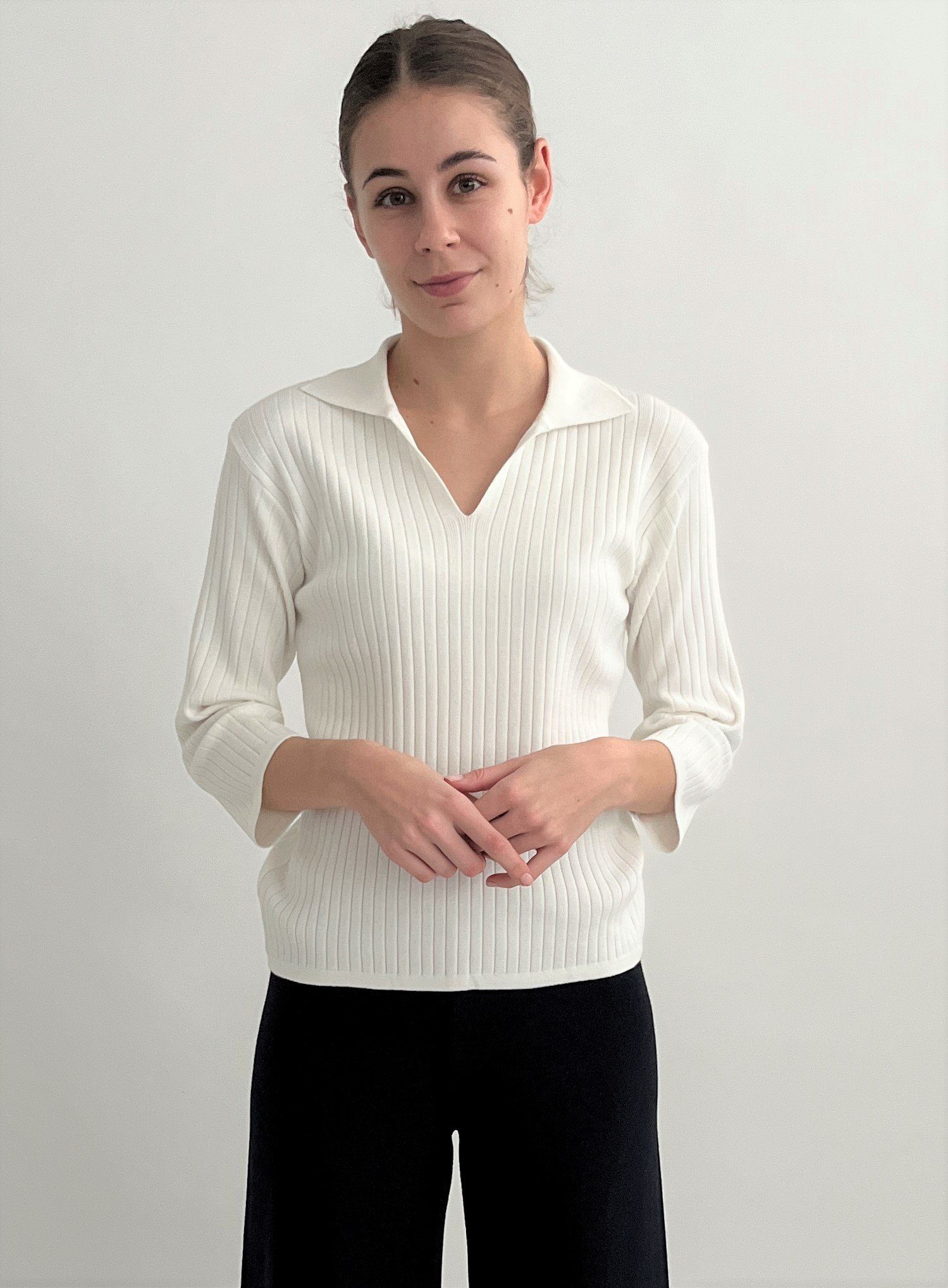 Zuckerwatte V-Ausschnitt-Pullover mit 3/4 Arm aus Viskose mit Stretch