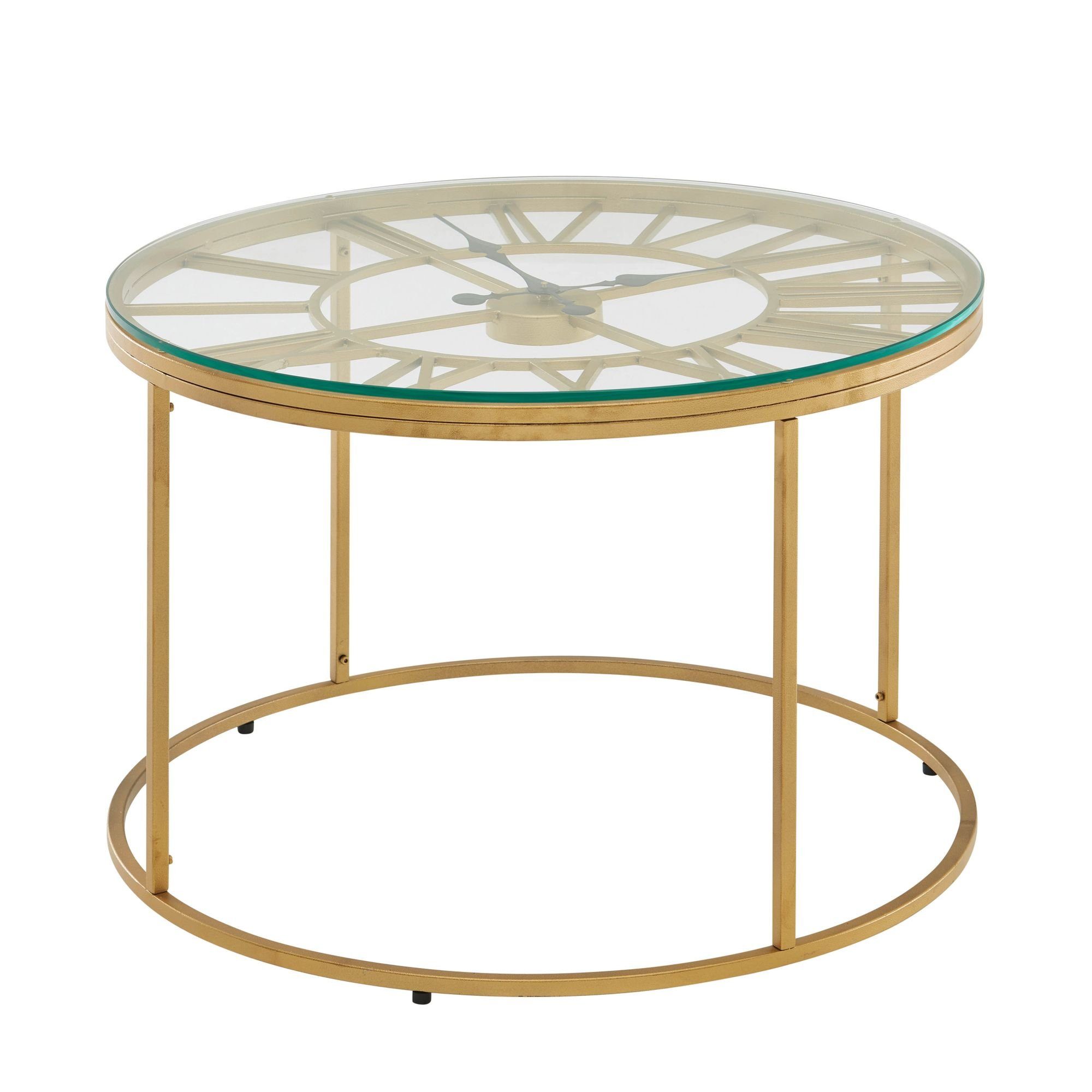 FINEBUY Couchtisch FB41455 (60x60x43 cm Gold, Sofatisch Metall mit Deko-Uhr), Wohnzimmertisch Rund, Beistelltisch Wohnzimmer