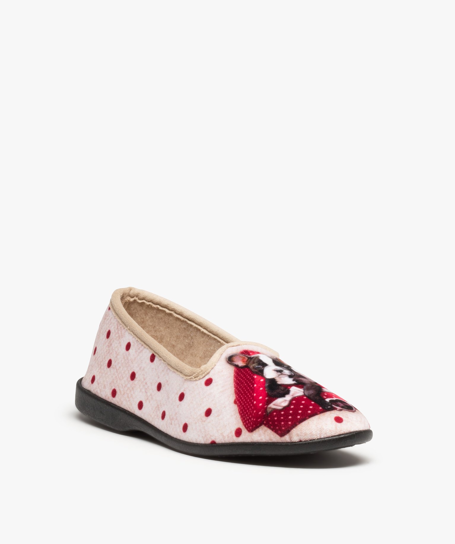 Chaussons femme en velours ras imprimés bouledogue beige | GEMO