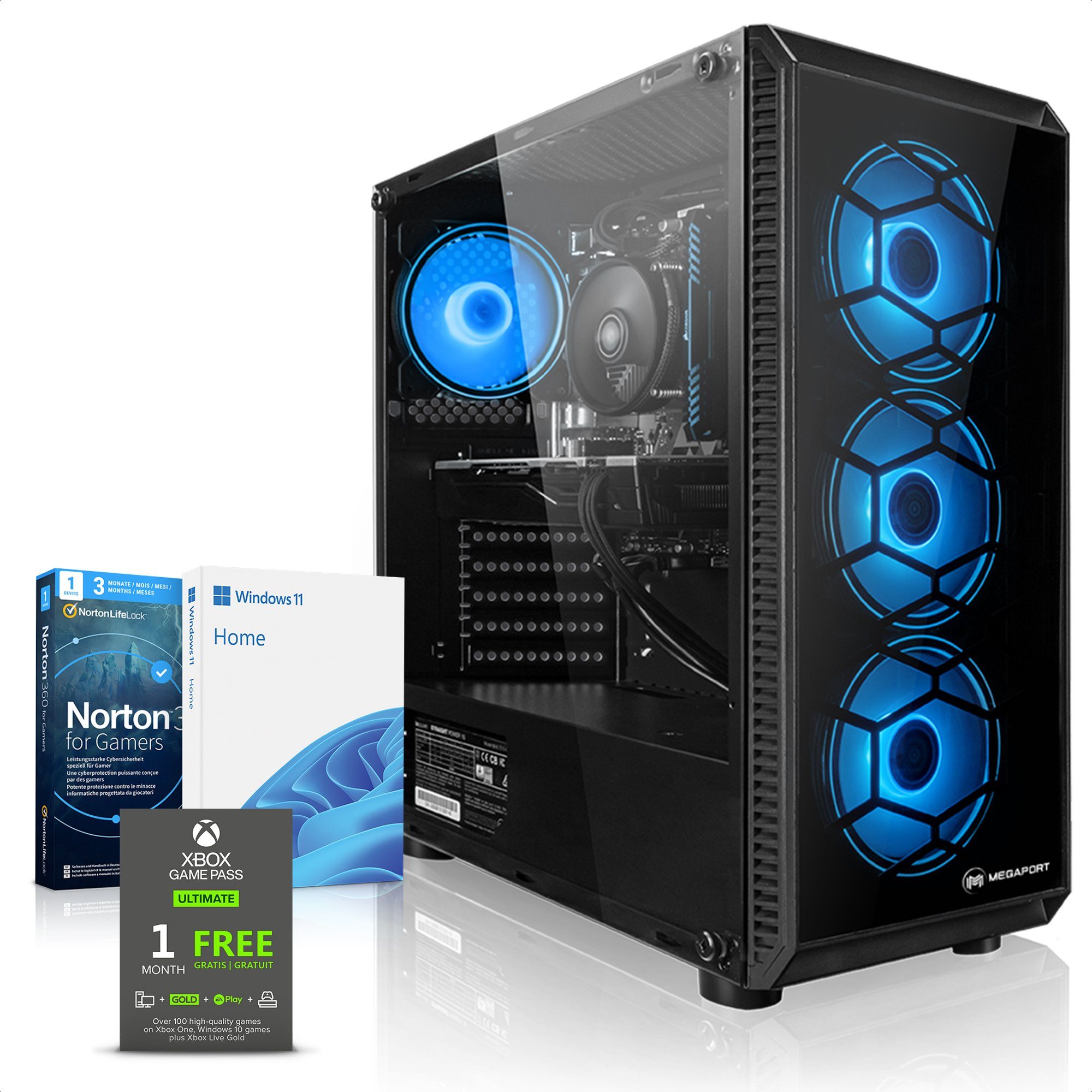 Megaport Gaming-PC (Intel Core i5 11400F, GeForce RTX 3060 12GB, 16 GB RAM, 1000 GB SSD, Luftkühlung, Windows 11, WLAN)