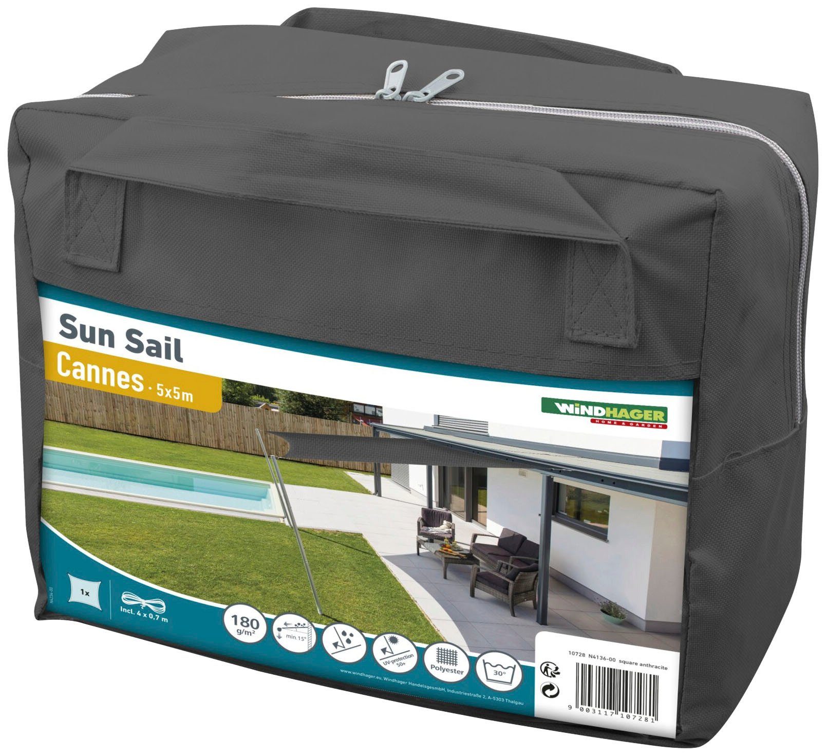 Windhager Sonnensegel Cannes Quadrat, 5x5m, anthrazit