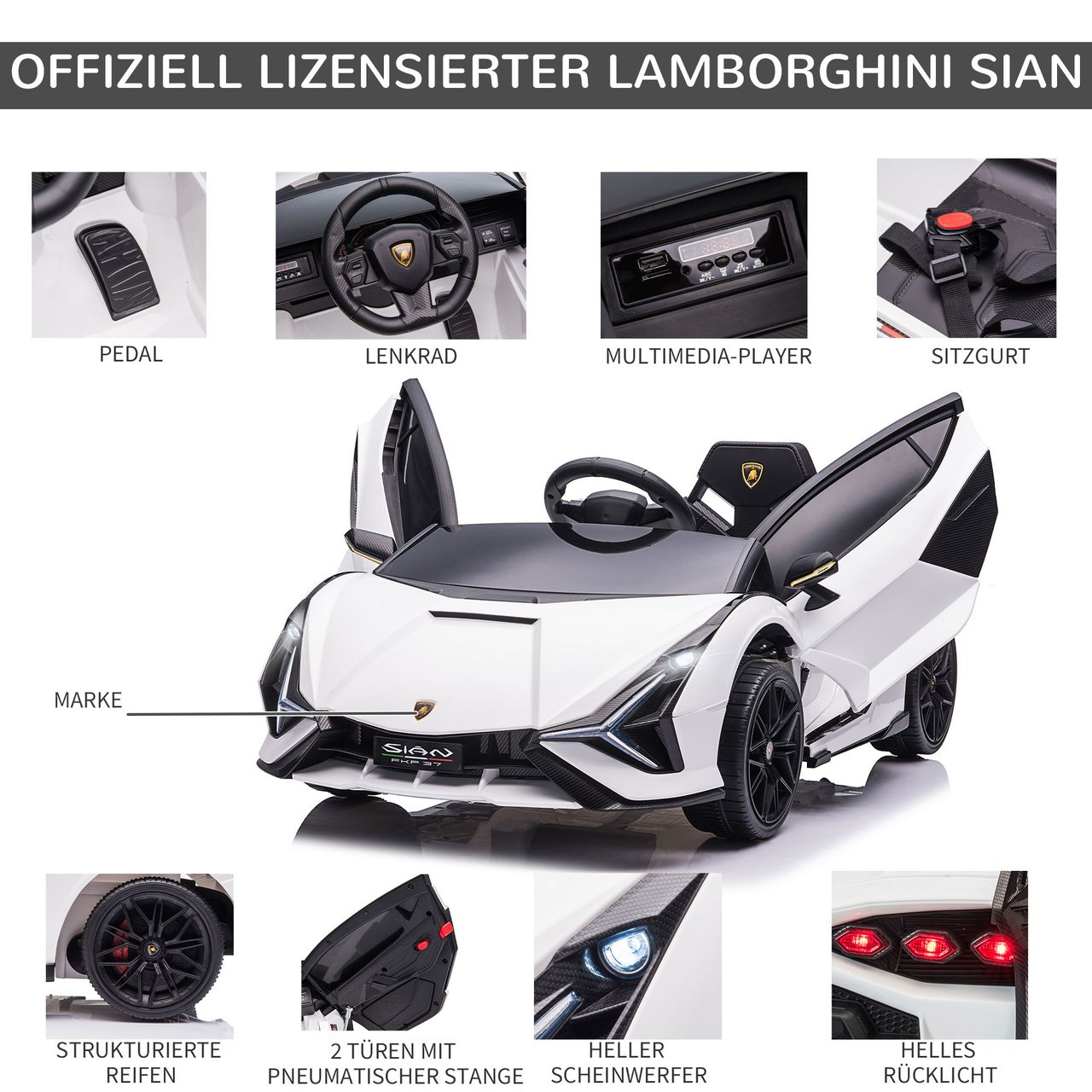 HOMCOM Kinderfahrzeug 2 Fahrmodi SIAN SUV-Auto-Spielzeug Elektroauto mit Fernbedienung extra breiten Reifen Musik(MP3/USB) Licht 3–5 Jahre PP Metall Weiß 108 x 62 x 40 cm