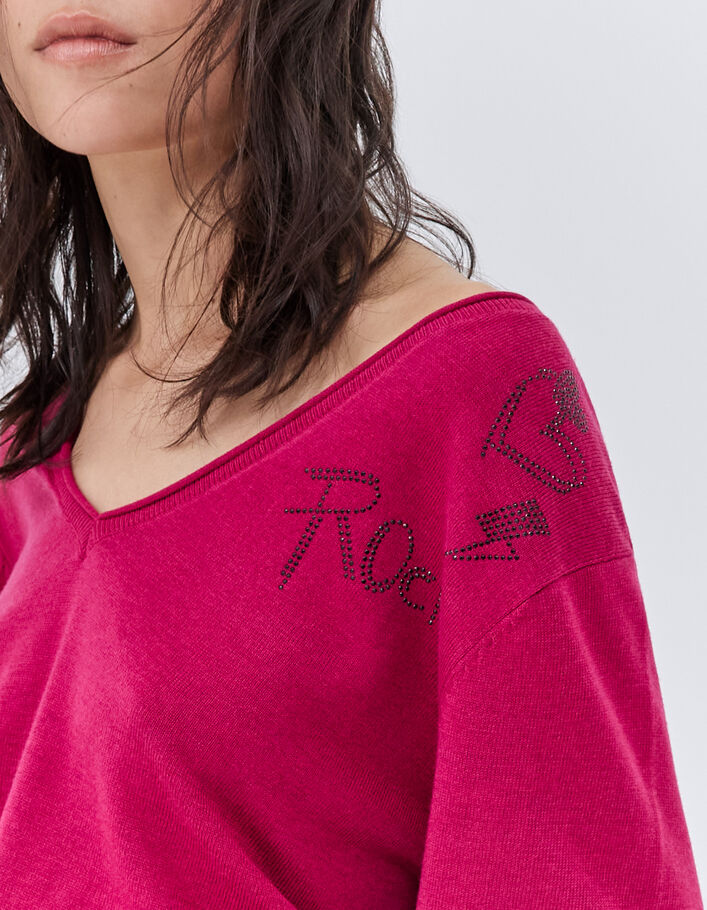 Pull rose en tricot à décor rock strass Femme