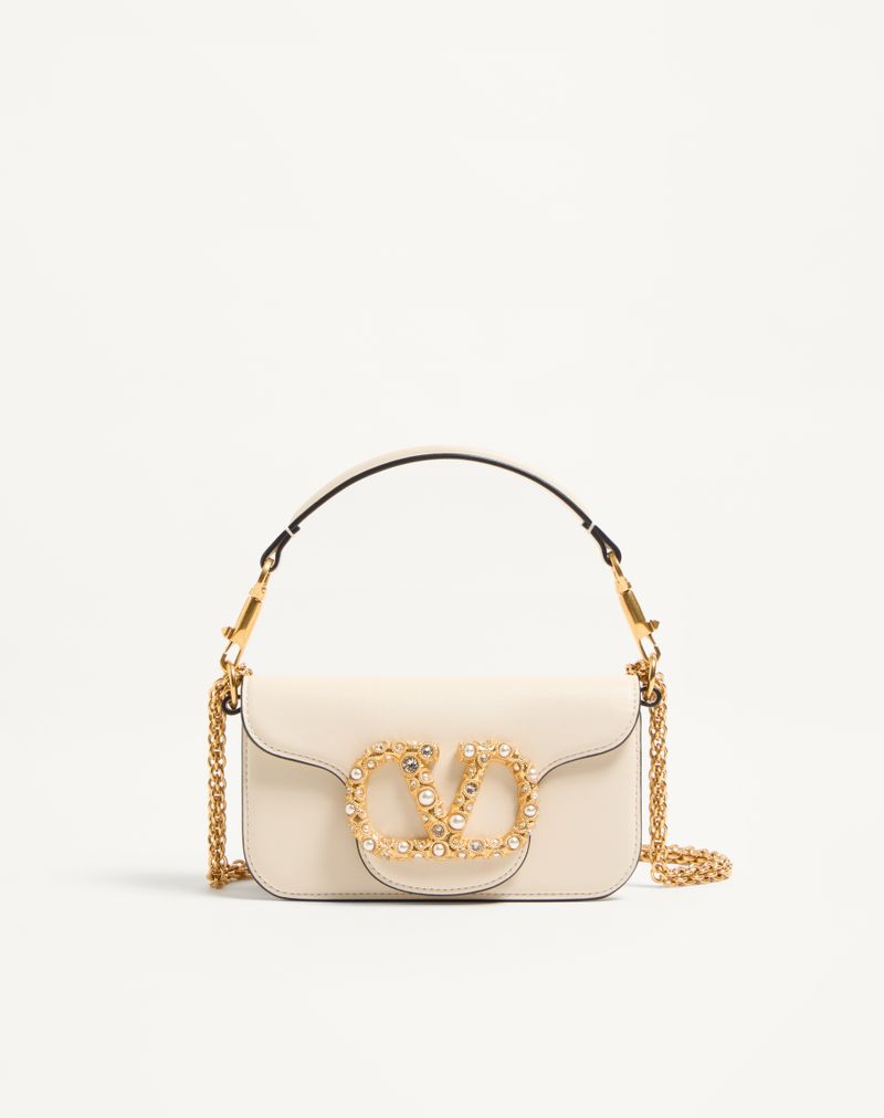 Bolsa de ombro pequena Valentino Garavani Locò em couro de bezerro com logotipo de joia.