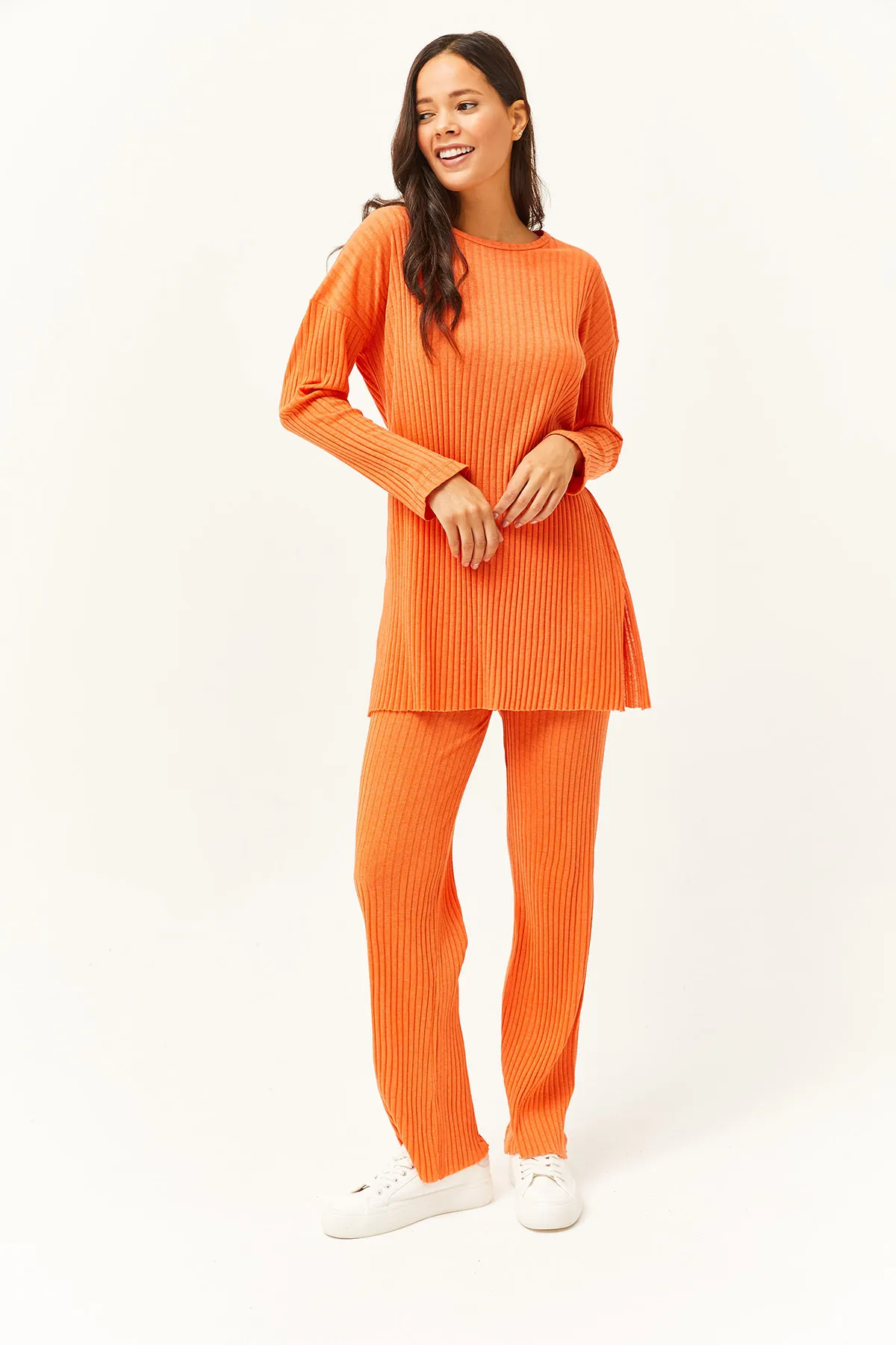 Olalook  Orangefarbenes Oberteil mit Schlitz, Bluse und Unterteil für Damen, Palazzo-Kostüm mit Kordelzug, TKM-19000180