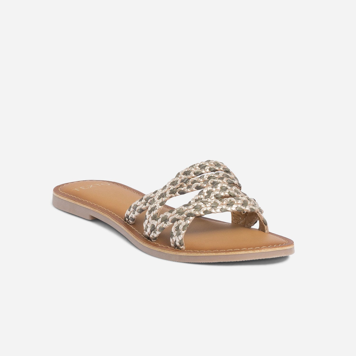 Mule TEXTO dorée et kaki en cuir et raphia tressé
