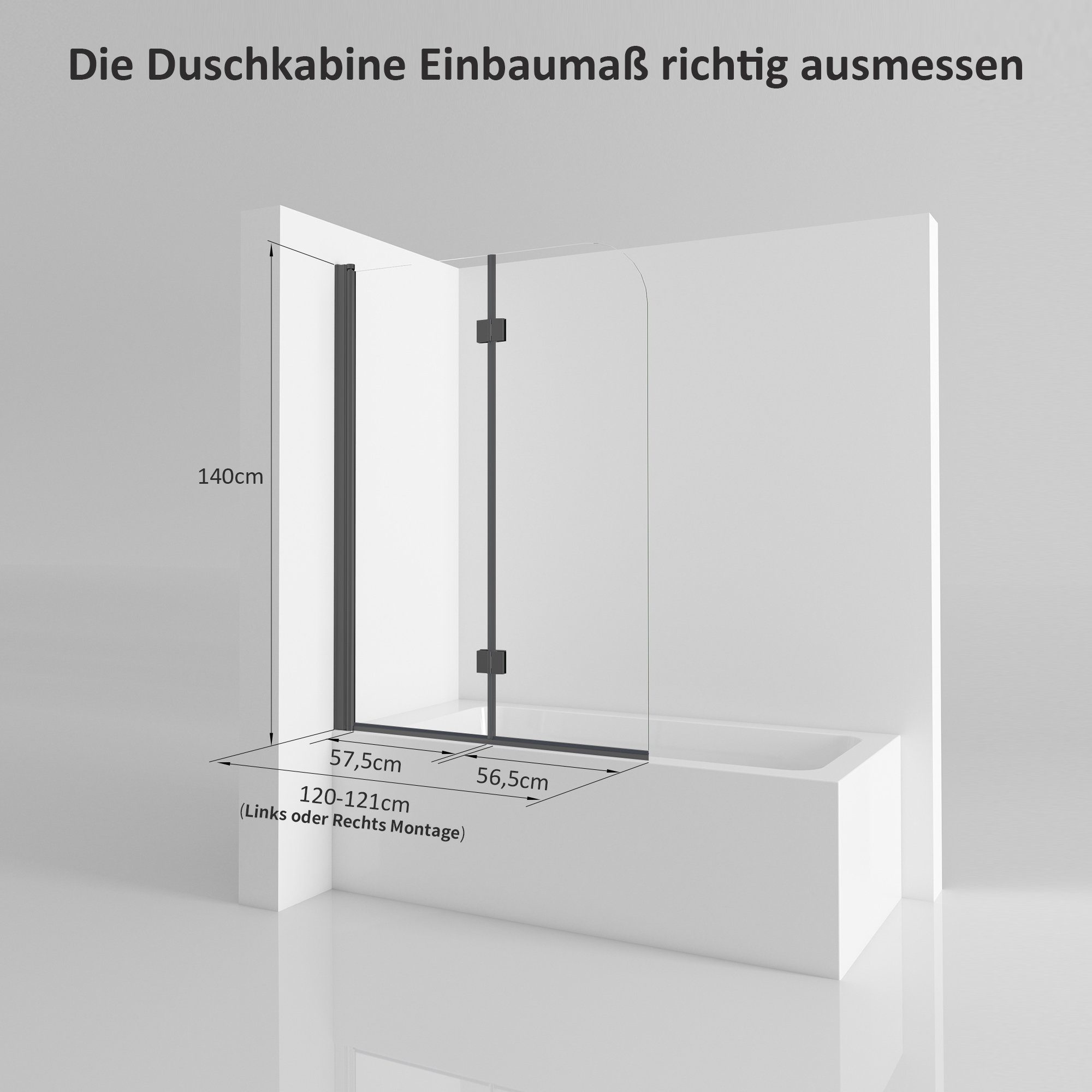 Boromal Badewannenaufsatz Duschwand für Badewanne Schwarz 120 x 140cm Faltbar Duschabtrennung, (Klarglas /Teilsatiniert glas), Badewannenfaltwand Glaswand 6mm ESG Glas