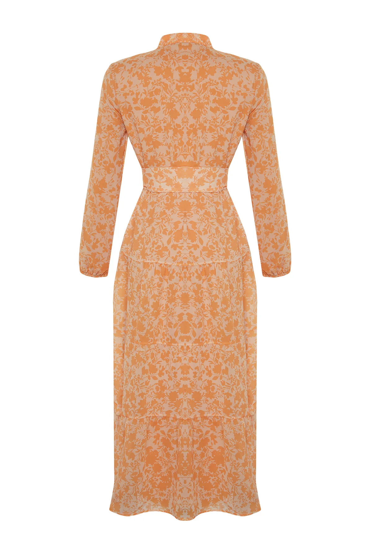 Trendyol Modest  Hellorange gemustertes Chiffon-Webkleid mit hohem Kragen und gefüttertem Gürtel TCTSS21EL3346