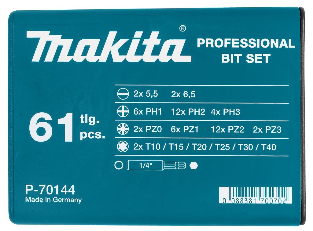 Accessoires Makita P-70144 Coffret de 61 embouts dans une boîte en plastique de haute qualité.