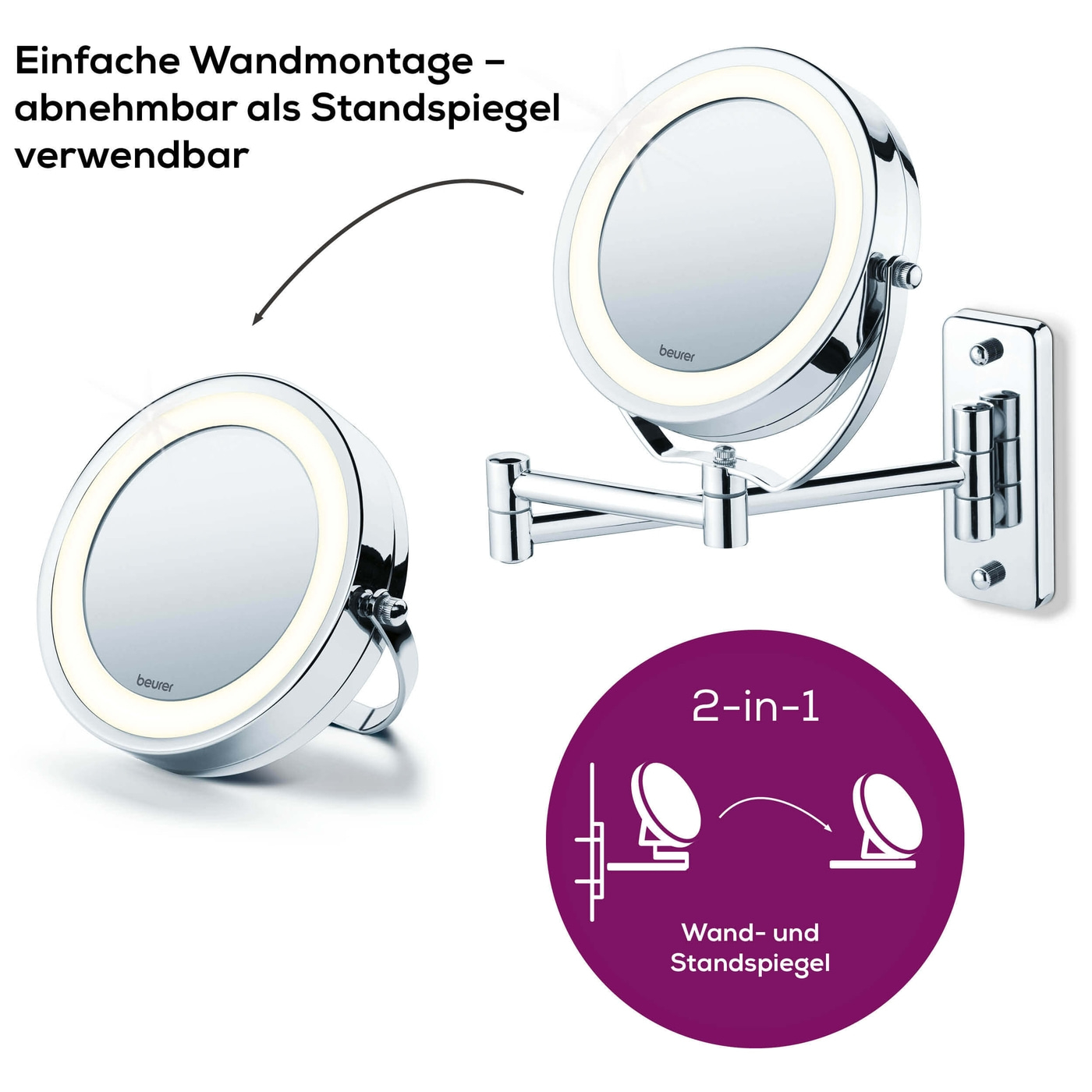 Beleuchteter Kosmetikspiegel BS 59-2-in-1 Wand- und Standspiegel beleuchtet mit 5-fach Zoom